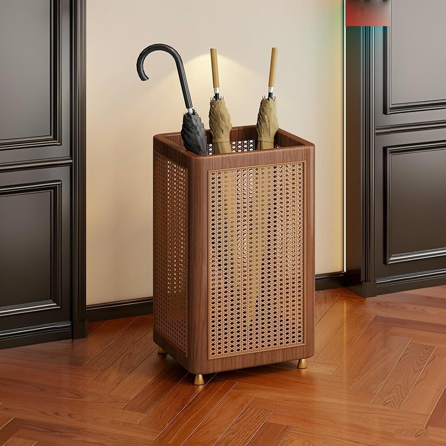 Natural Solid Wood Rattan Umbrella Stand, Hollow Breathable Wicker Umbrella Storage Holder, Decorative Entryway Hallway for Home Indoor Decor