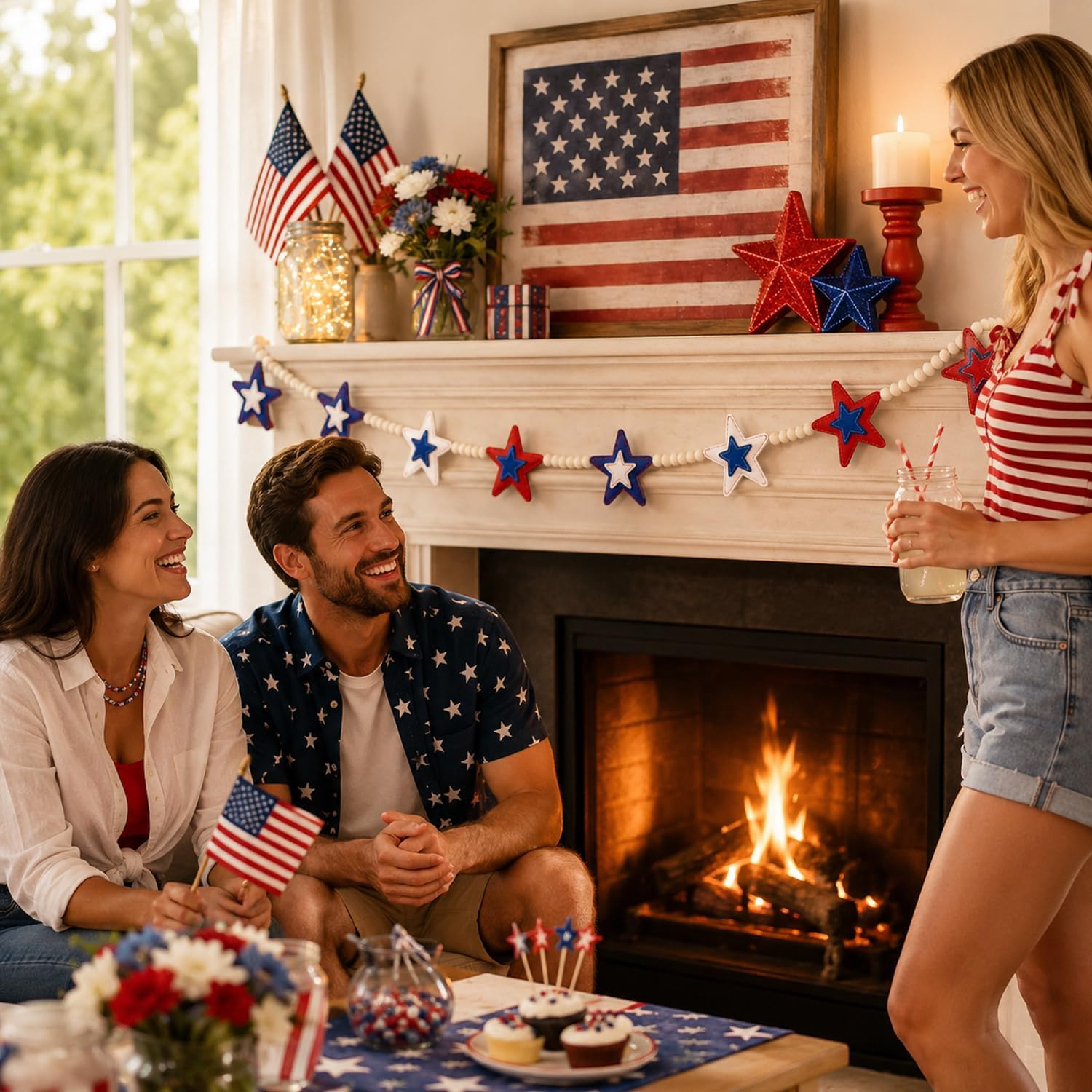 6.5ft Patriotic Garland American Felt Wooden Beads Banner for Patriotic, 4th of July Garlands for Independence Day, Mantel, and Walls