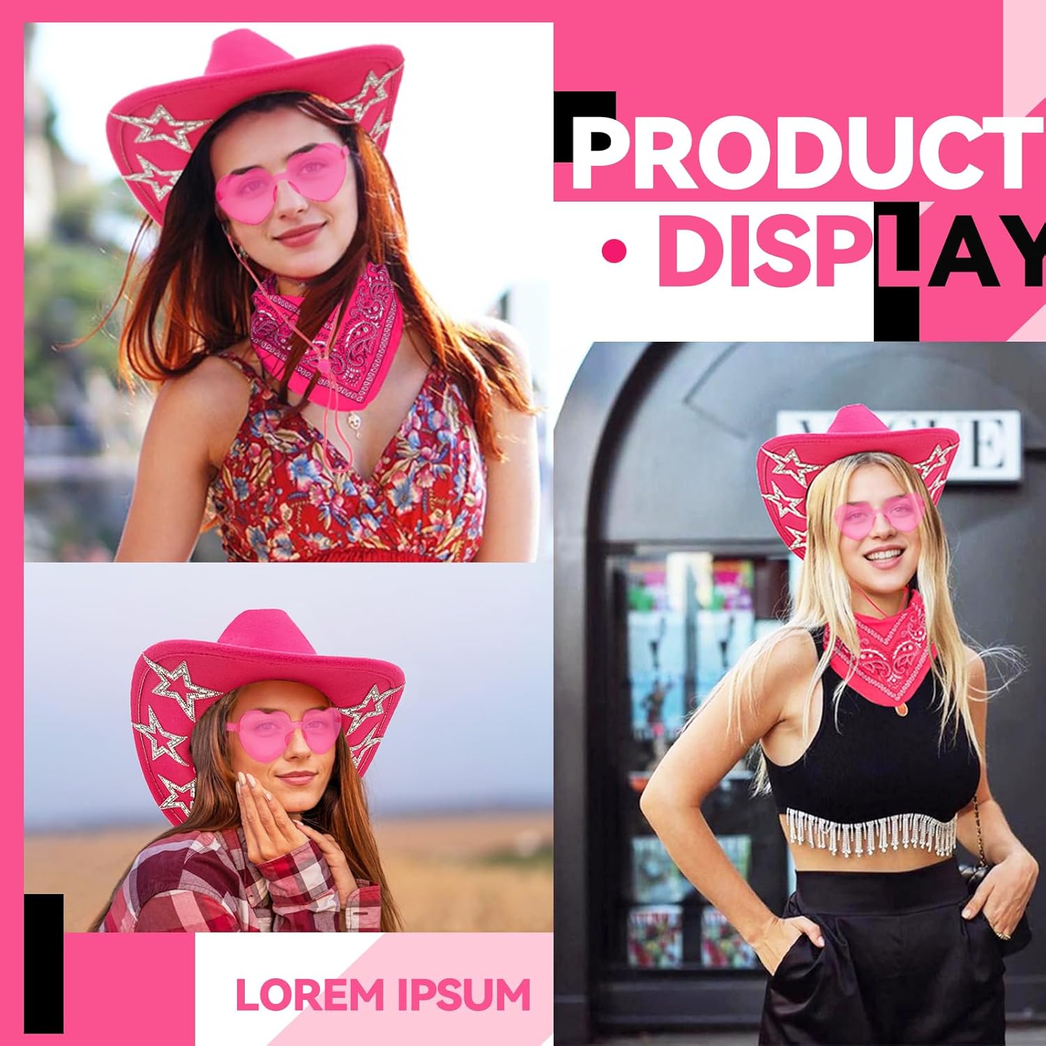 SHENYI Cowgirl Hat and Bandana and Heart Sunglasses Glitter Rhinestone Star Cowboy Hat Western Sparkly Hats for Women Men - Image 5