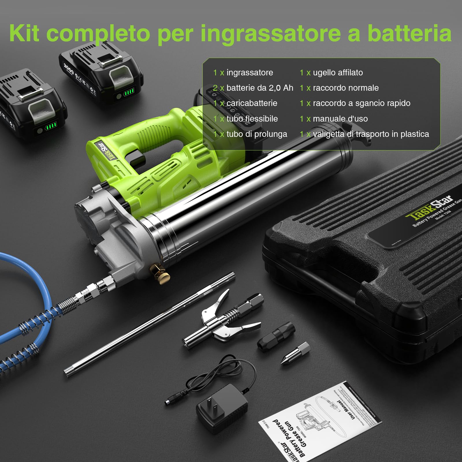 TaskStar Ingrassatore a Batteria ad alta Efficienza: Pistola per Grasso con Batterie da 2*2.0Ah, Testine a Sgancio Rapido, Pressione Massima di 10000 PSI, per Agricoltori e Proprietari di Attrezzature