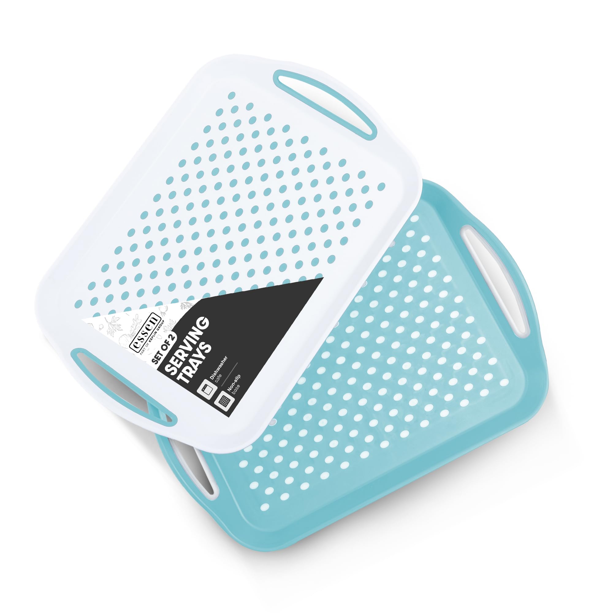 Essen 2-Pack Serving Tray Set – Non-Slip Lap Boards with Grip Handles, Ideal for Food Prep, Tea, Breakfast in Bed – Plastic Tray for Stable Dining – Dishwasher Safe (Blue/White)