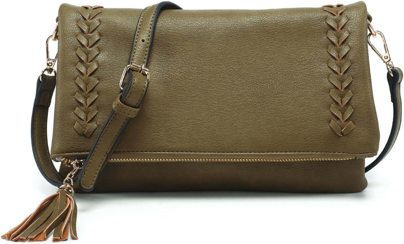 JEN & CO. Isadora Distressed Whipstitch Crossbody Bags Vegan Leather Flapover Clutch Purses Shoulder Handbags for Women