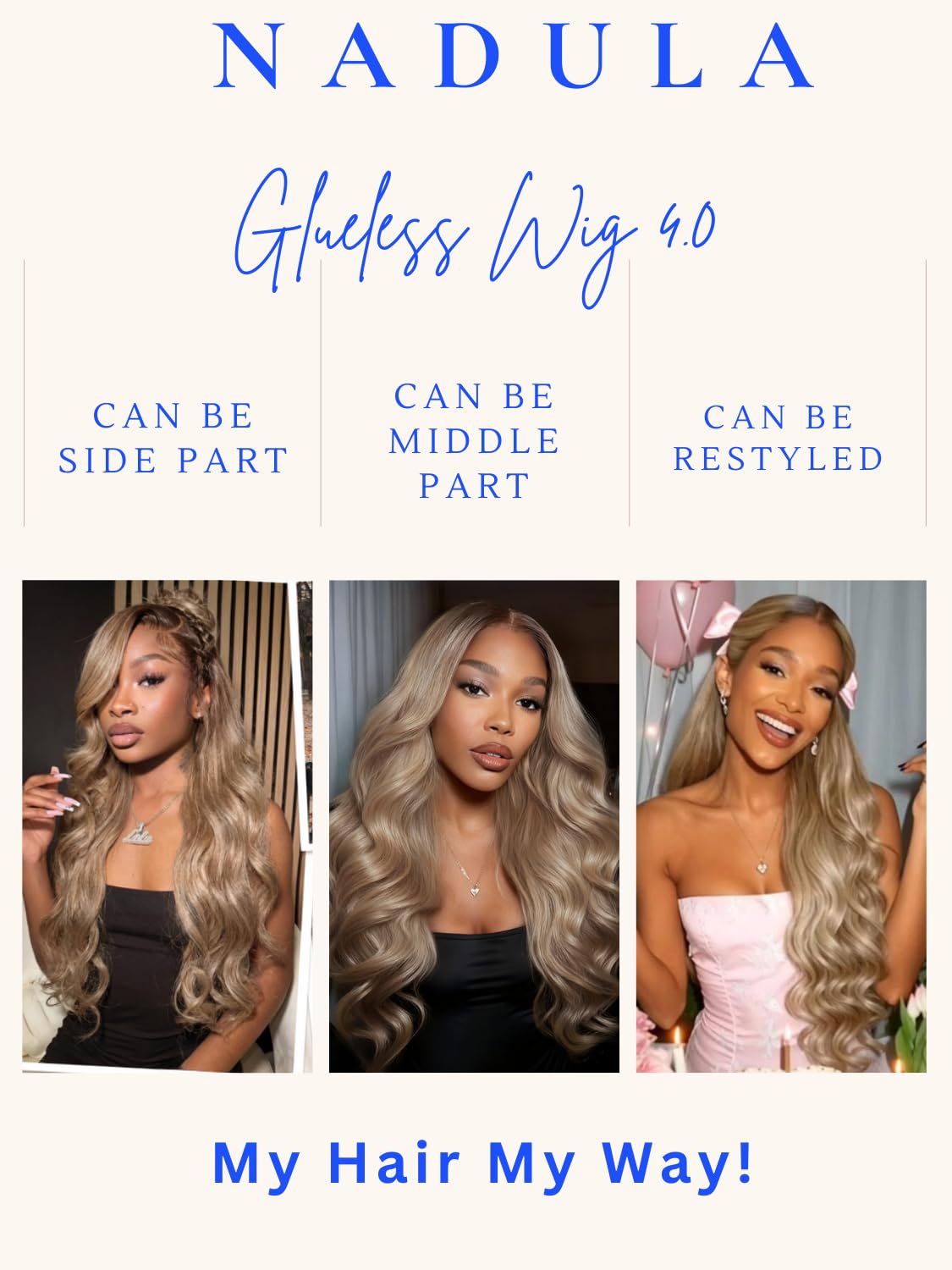 Nadula No Slip 13x4 Ash Blonde Body Wave Drawstring Wig Human Hair with Brown Roots, Pre Cut Glueless Bye Bye Slip Lace Front Wig Pre Plucked with Ear Tape Pre Everything Ready to Go Ombre Wig 18inch