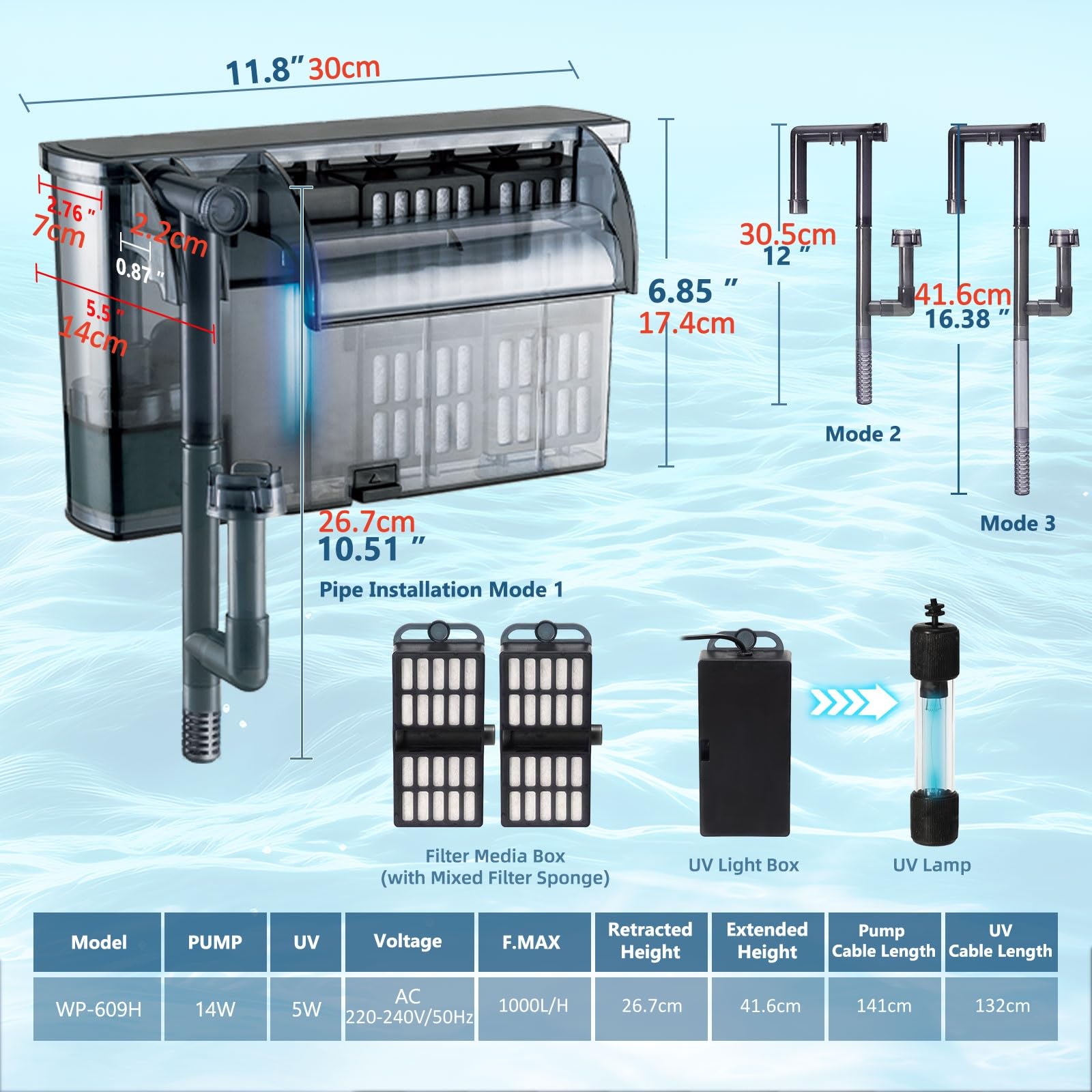 Tararium Filtro de mochila/Hang-on-Back Filtro 1000L/H para acuario de 150-400 l – con luz UV y aspirador de superficie, flujo ajustable, tubo de entrada extensible para agua dulce y salada