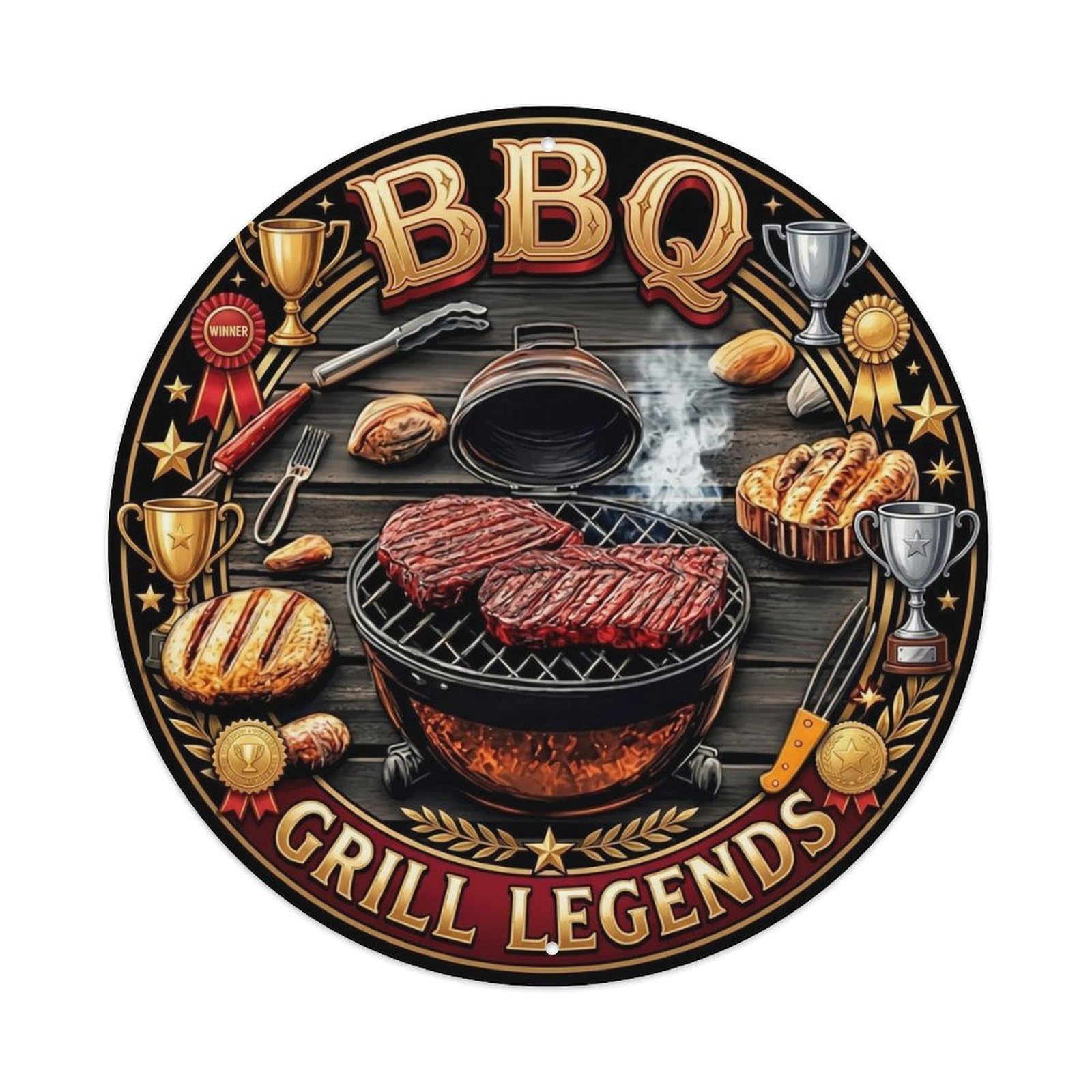 BBQ Barbecue Grill Legends Vintage Metal Tin Sign Plaque Wall Decor for Cafe, Club, Garden Round Metal Poster 8x8Inch