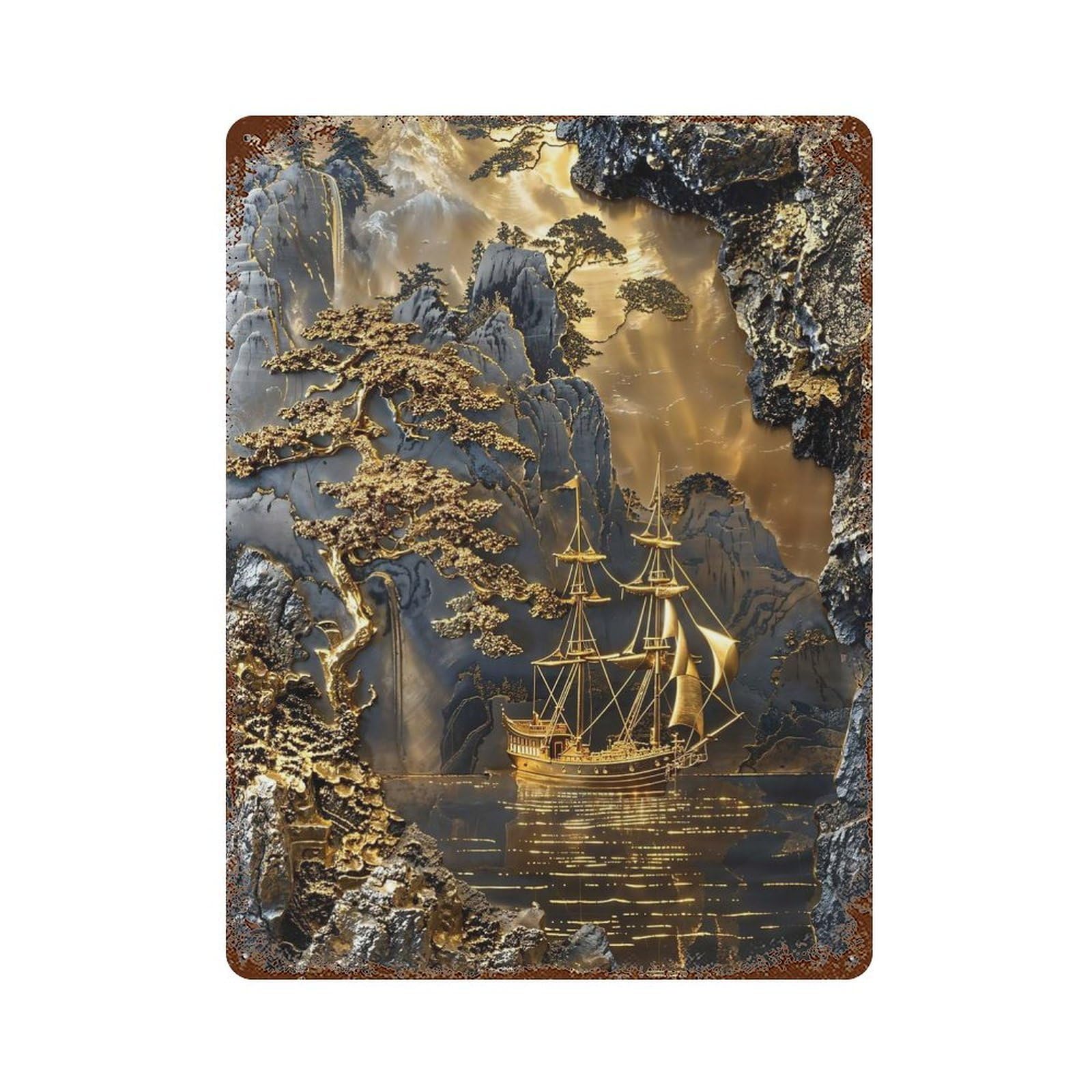 Golden Horizon Coastline Aged Metal Wall Plaque 15.7"x11.8", for Office, Studio And Wall Decor, Novelty Wall Decor