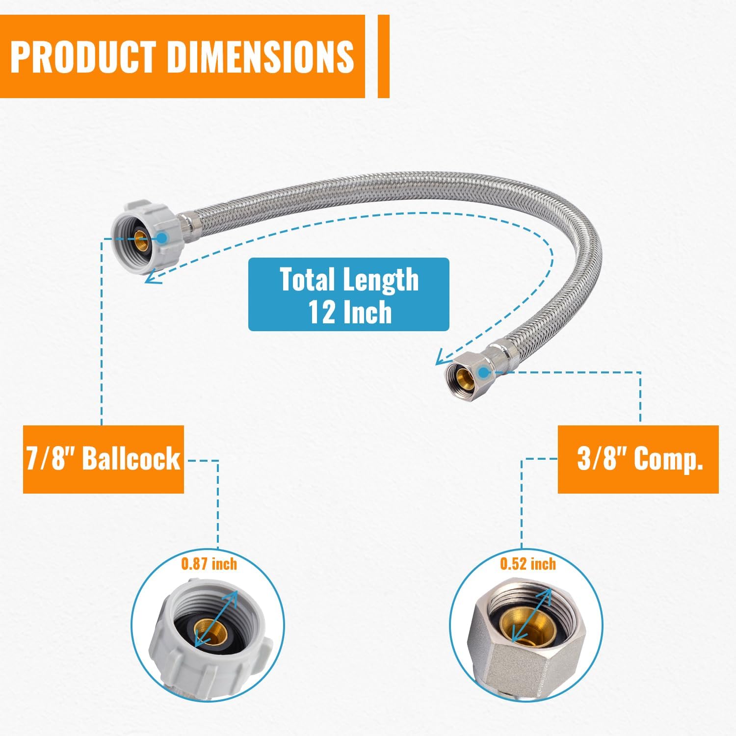 (10 Pack) SUNGATOR 12'' Toilet Water Supply Line, 7/8" Ballcock x 3/8" Compression Toilet Hose Connector, 12 Inch Braided Stainless Steel Water Supply Line with 1 Wrench and Sealing Tape