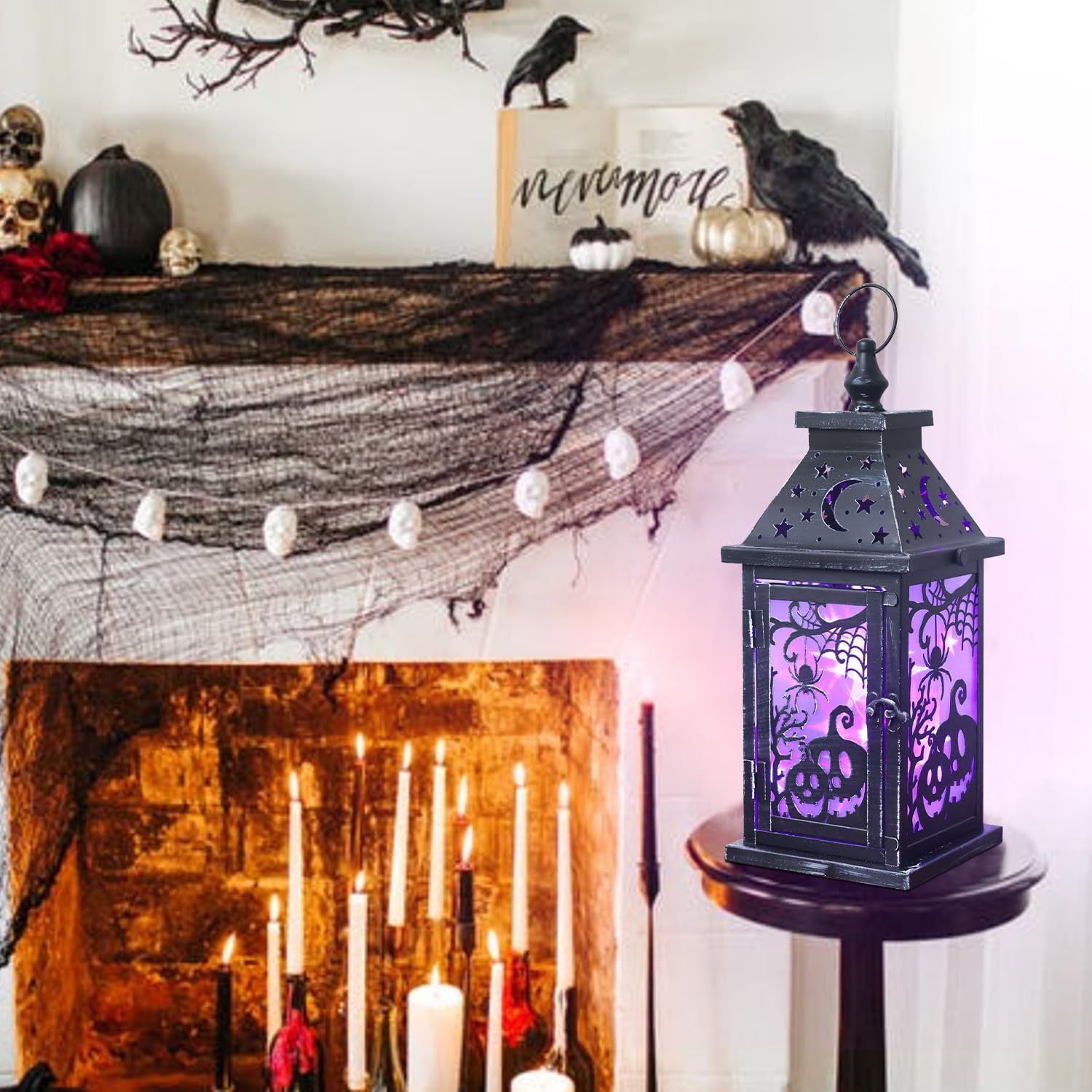 DECORKEY Halloween Decorations Indoor, 14.7" Decorative Spider&Pumpkin Candle Lantern with 78" LED Lights(8 Modes), Hanging Spooky Halloween Lanterns, Outdoor Home Room Door Party Decor