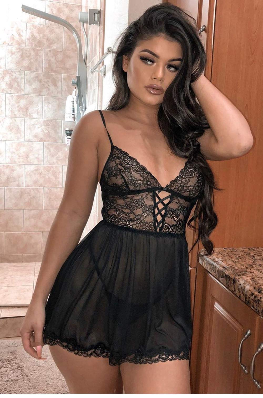 Camisón de Malla Transparente con Tanga de Encaje Calado, camisón sin Mangas, Ropa de Dormir Transparente (Negro L) S