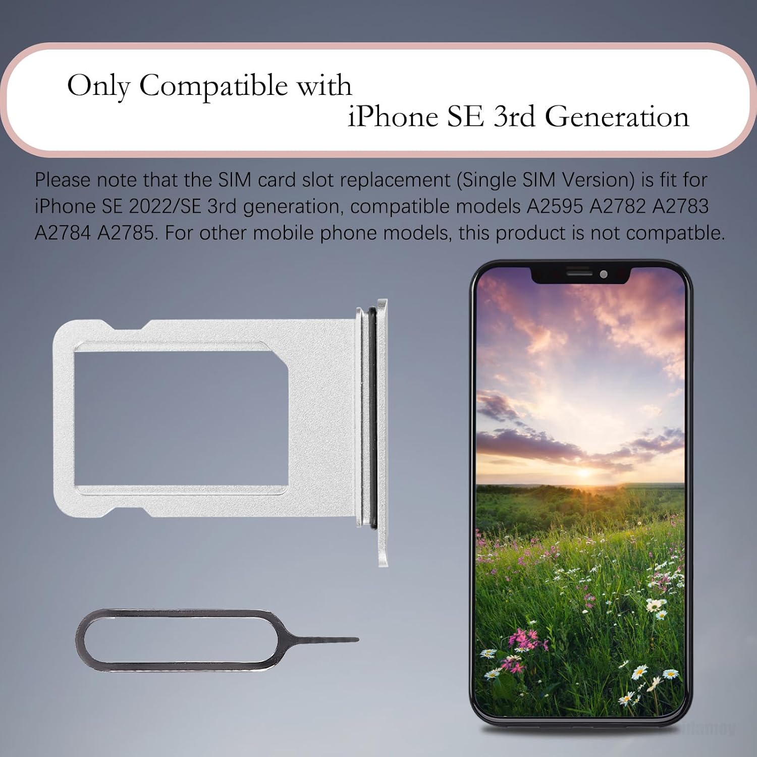for iPhone SE 3rd Generation Silver Single SIM Card Tray Slot | Card Tray Holder Adapter with SIM Ejector for iPhone SE 2022 SE3 US Version A2595 A2782 A2783 A2784 A2785