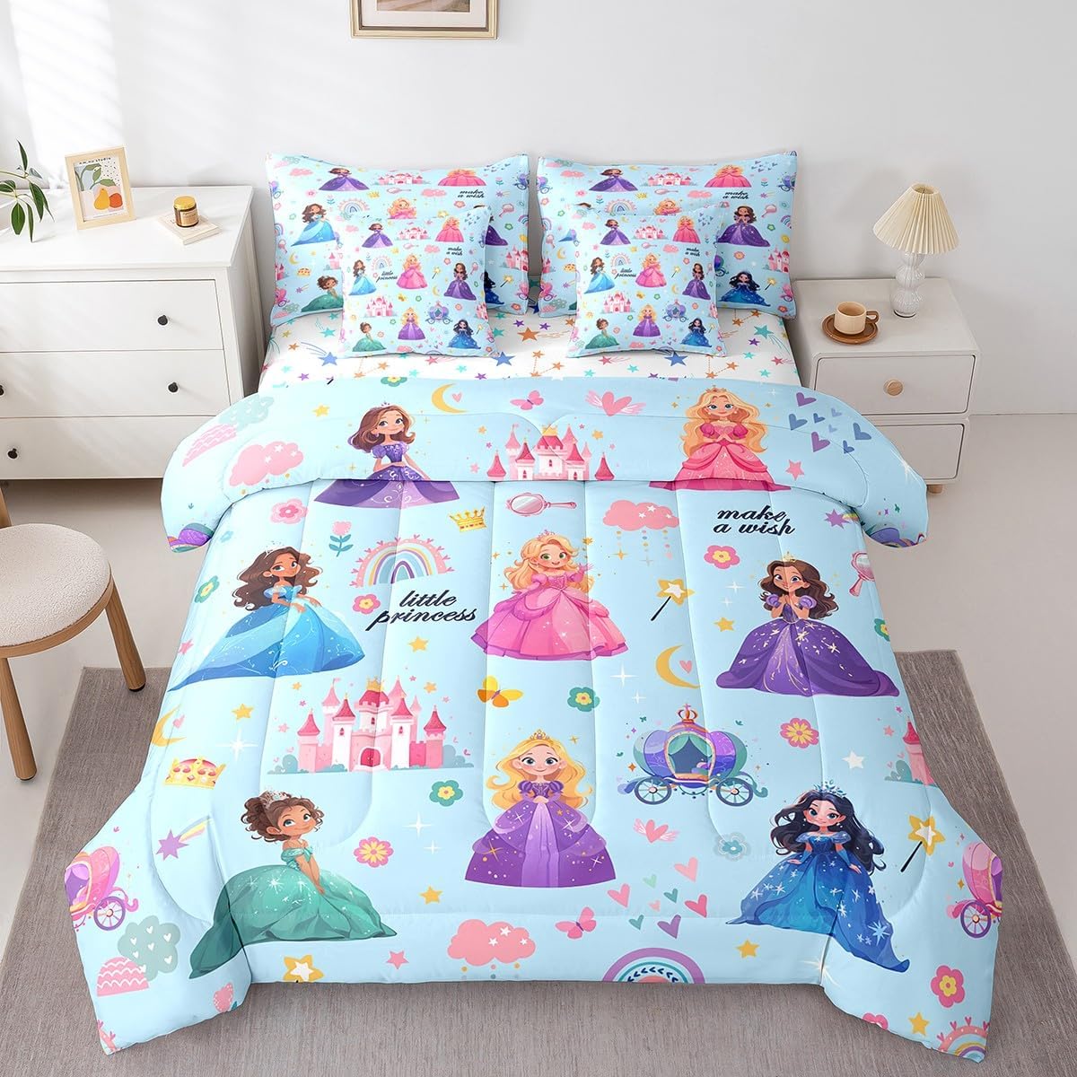 jejeloiu Cute Princess 7 Piece Bedding Set Twin Size Castle Comforter Set with Sheets,Pillowcases & Cushion Cover for Adults Fairy Dreamy Bed in a Bag Rainbow Flower Blue All Season Soft