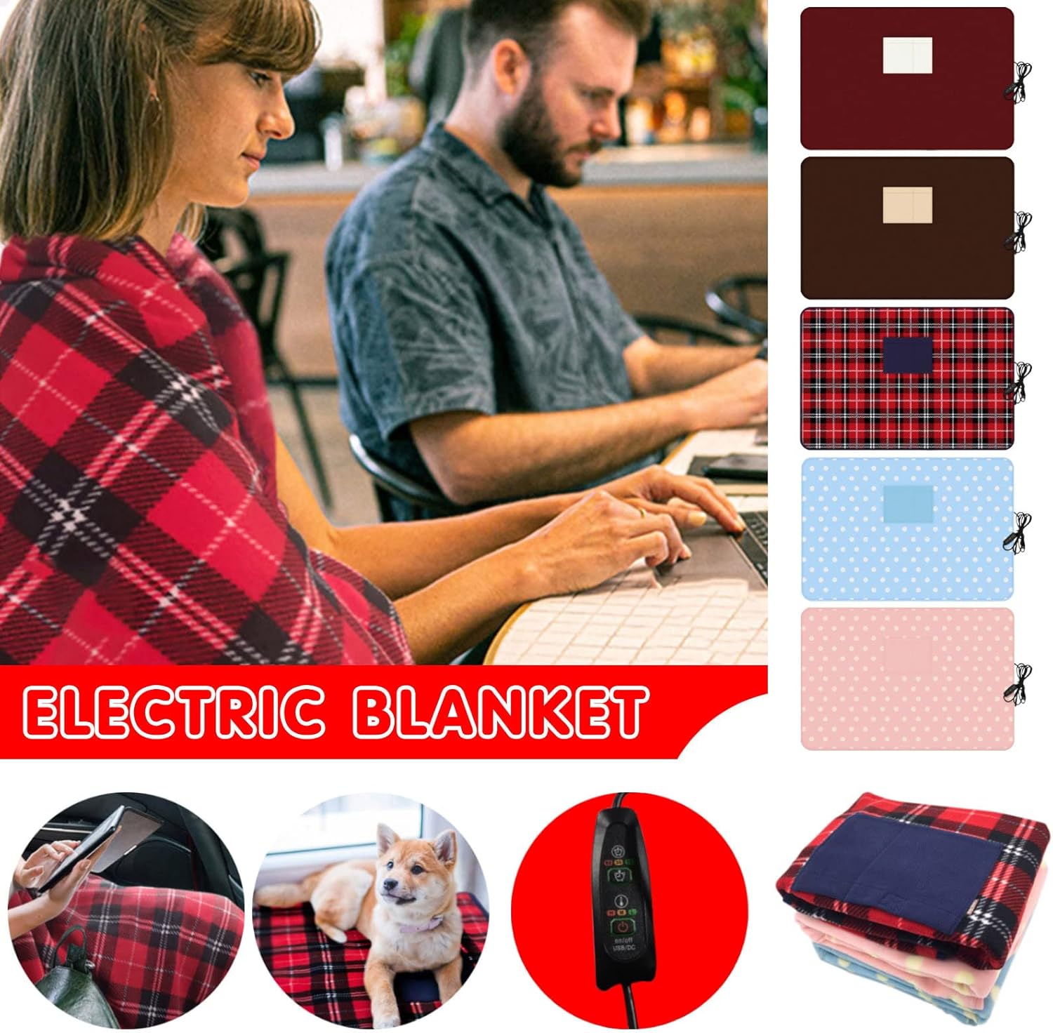 Portable 5V USB Electric Heated Blanket for Car Office, Electric Heated Travel Blanket with Intelligent High Medium Low Temp 15/30/60mins Auto-Off Timer Controller (34.6x23.6 Blue)