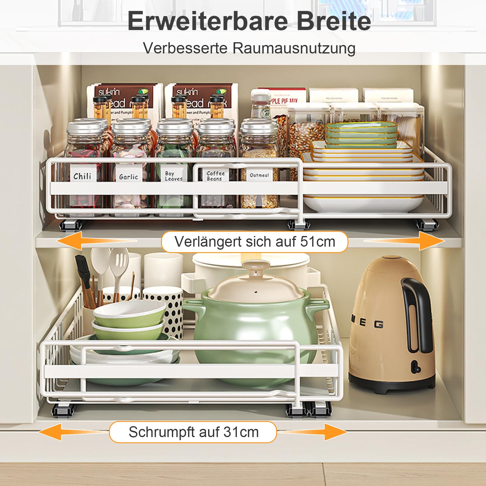2 pack Organisateur de l'armoire de tirage extensible, organisateur de l'armoire à glissement télescopique pour cuisine, organisateur d'armoire de largeur réglable (blanc)