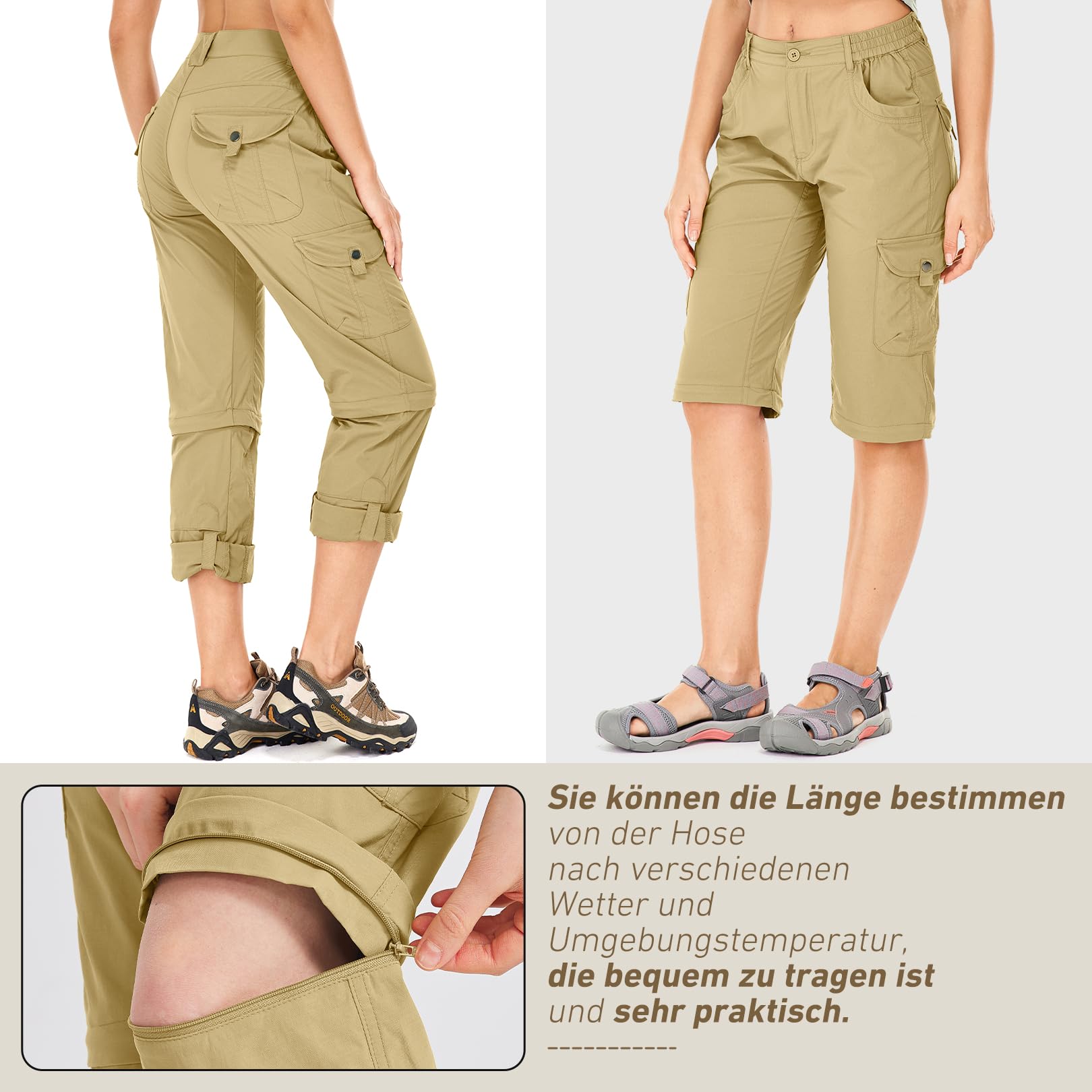 Pantaloni da trekking da donna, con cerniera, traspiranti, da trekking, elasticizzati, rimovibili, per attività all'aria aperta, estivi, per escursioni