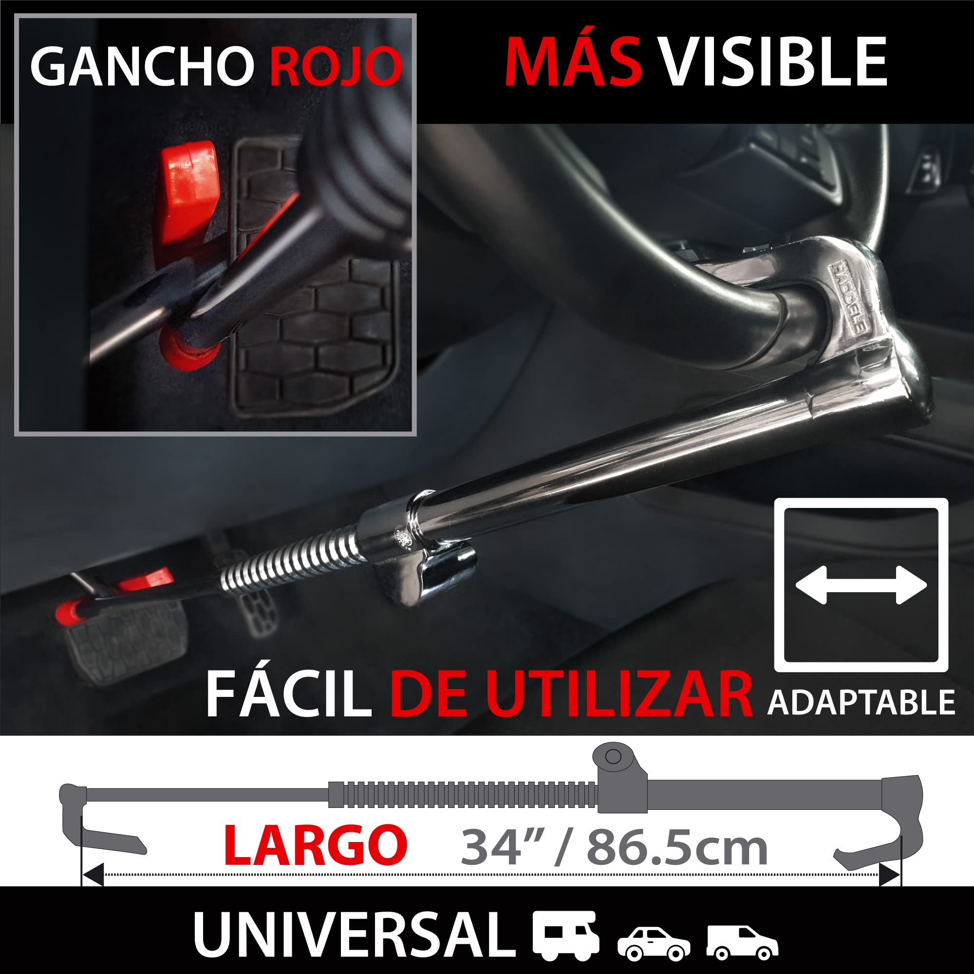 KRASER KR837 Barra Antirrobo Coche Bloqueo Volante Coches Camiones Furgonetas SUVs Pedal Cerradura Seguridad Doble Gancho Inmobilizador Telescópico Universal Extensible Parking Camper