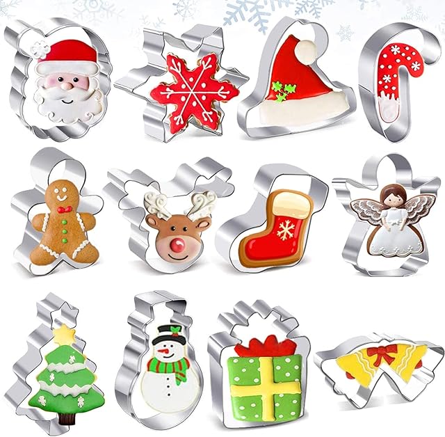 OMNIQI Christmas Cookie Cutter Shapes Set, 12 Pcs No-Repeat Christmas Cookie Cutter Set, Large Gingerbread Man Cutters, Stainless Steel Bourbon Biscuit Cutter Snowflake Cutter for Christmas Decoration
