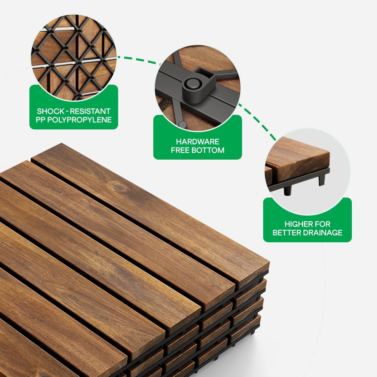 Interlocking Deck Tiles 9.6 SQFT - 10PCS Waterproof Acacia Wood Patio Tiles, Flooring Tiles for Indoor and Outdoor - Decking Stripe Pattern, 11.81 x 11.81 x 0.91 Inches, Golden