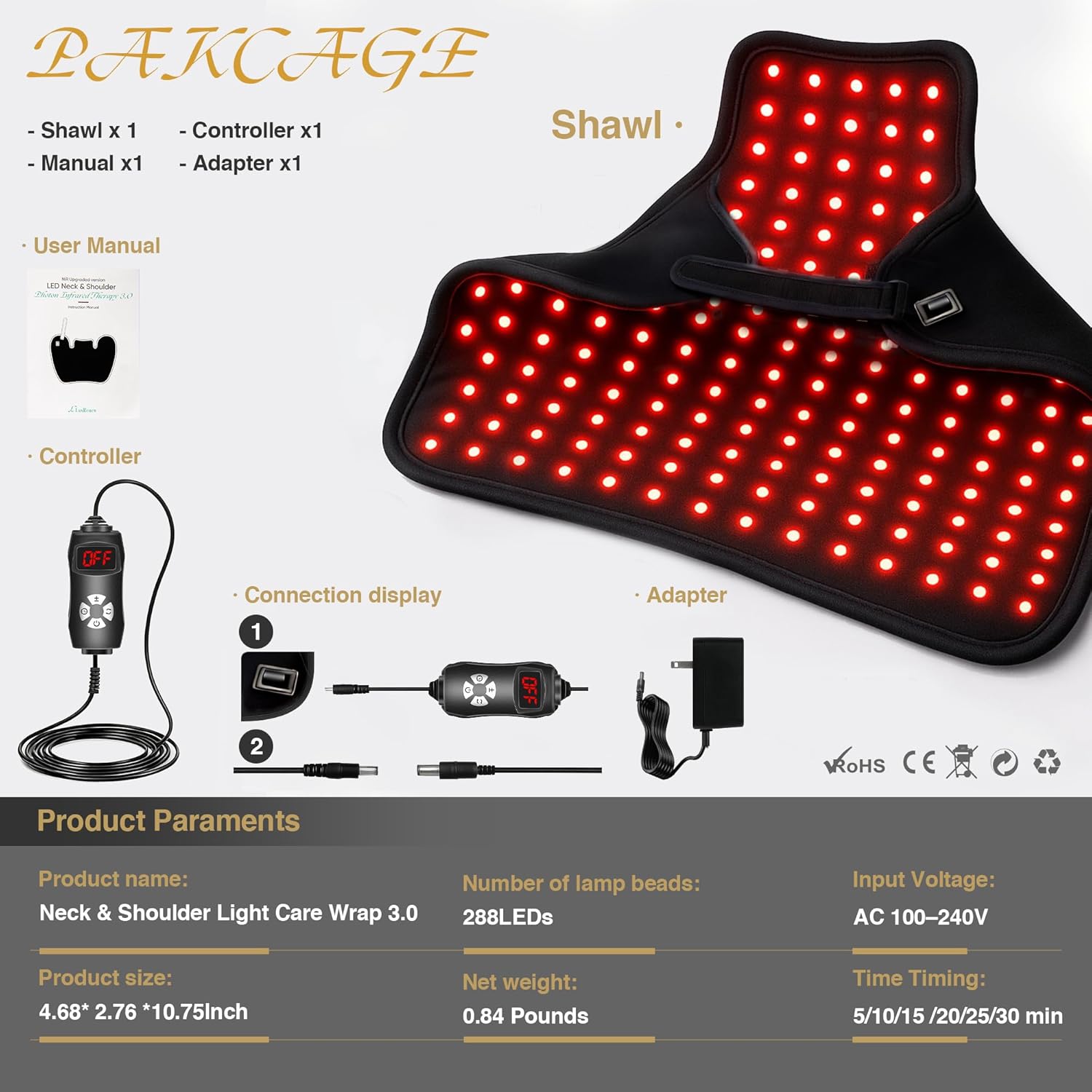 Wearable Red Light Therapy Wrap 3.0 for Neck and Shoulder – 660nm and 850nm LED Infrared Heating Pad with 288 LEDs, Deep Warming Muscle Comfort, Adjustable Timing, Relaxing Neck Device for Home Use