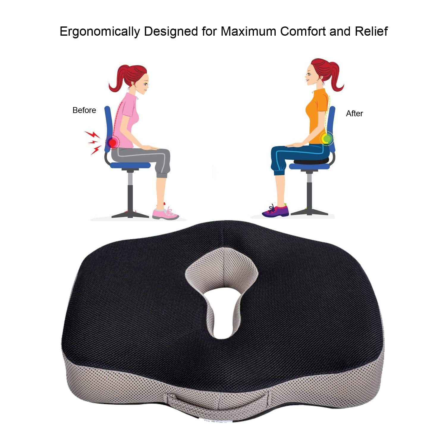METRON Memory Foam Soft Donut Seat Cushion for Lower Back Tailbone Sciatica Coccyx Hemorrhoid Piles Pain Pressure Relief for Office Desk Chair Car Plane Wheelchair Color-Black &Grey, pack of 1 - Image 8 thumbnail