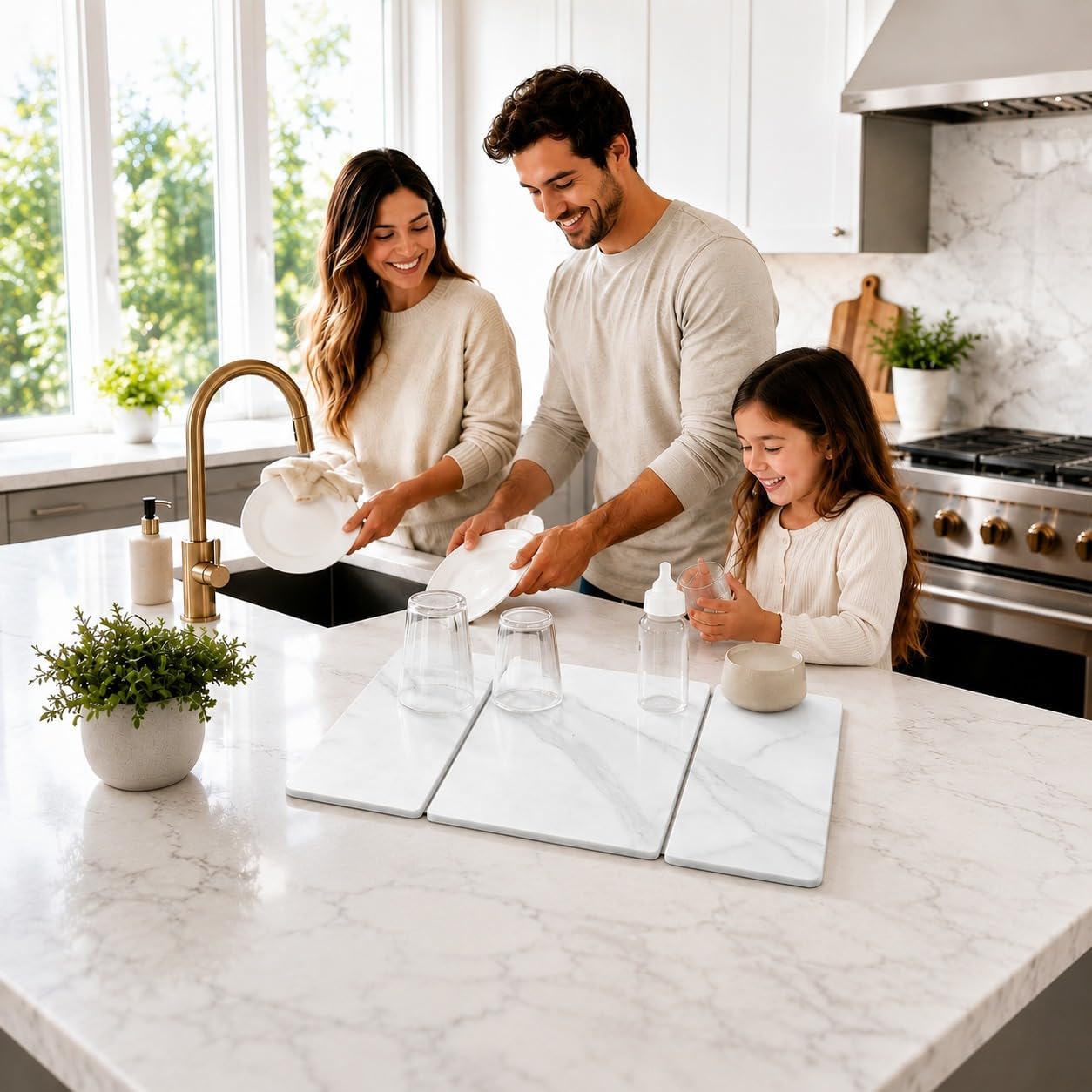 Stone Dish Drying Mat 24" x 16" – Dish Drying Stone Mat – Large Diatomaceous Earth Drying Mat with Non-Slip Base – Quick Dry Kitchen Drying Pad for Dishes, Glassware & Bottles 3 Folded Marbeled White