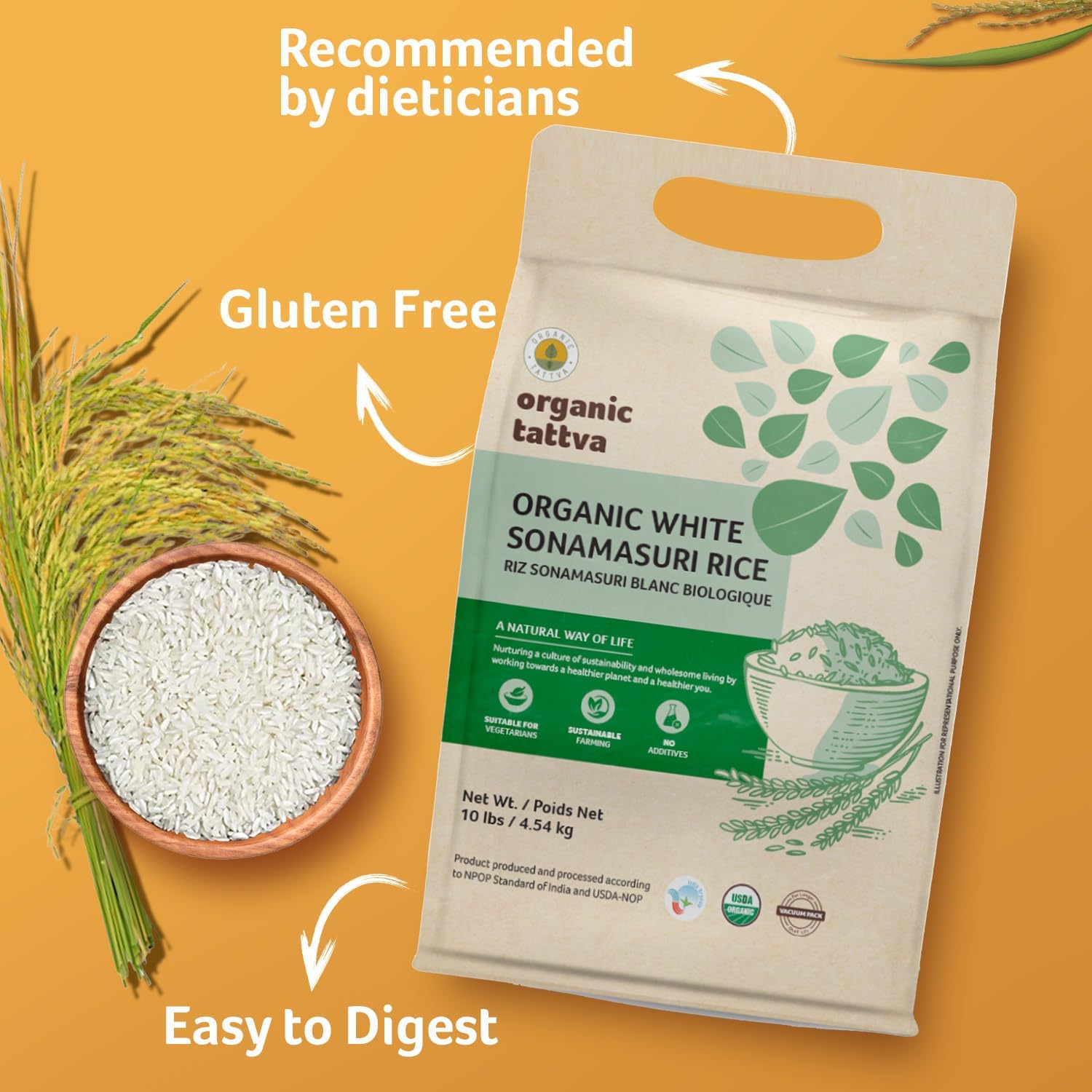 Organic Tattva Sonamasuri Rice (10 lbs) - Organic Short Grain Rice - No Additive - Vegan - Kosher - Non GMO - Gluten Free - USDA Certified