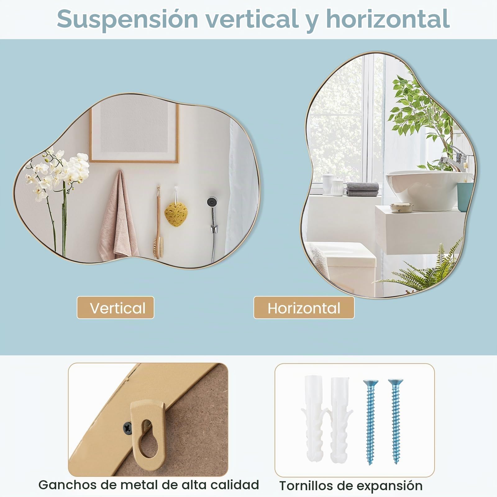 LIFEZEAL Espejo Decorativo de Pared, Espejo de Baño de Forma Irregular con Marco de Metal, Espejo asimétrico para Colgar en el Dormitorio, 56 x 78 cm (Dorado)