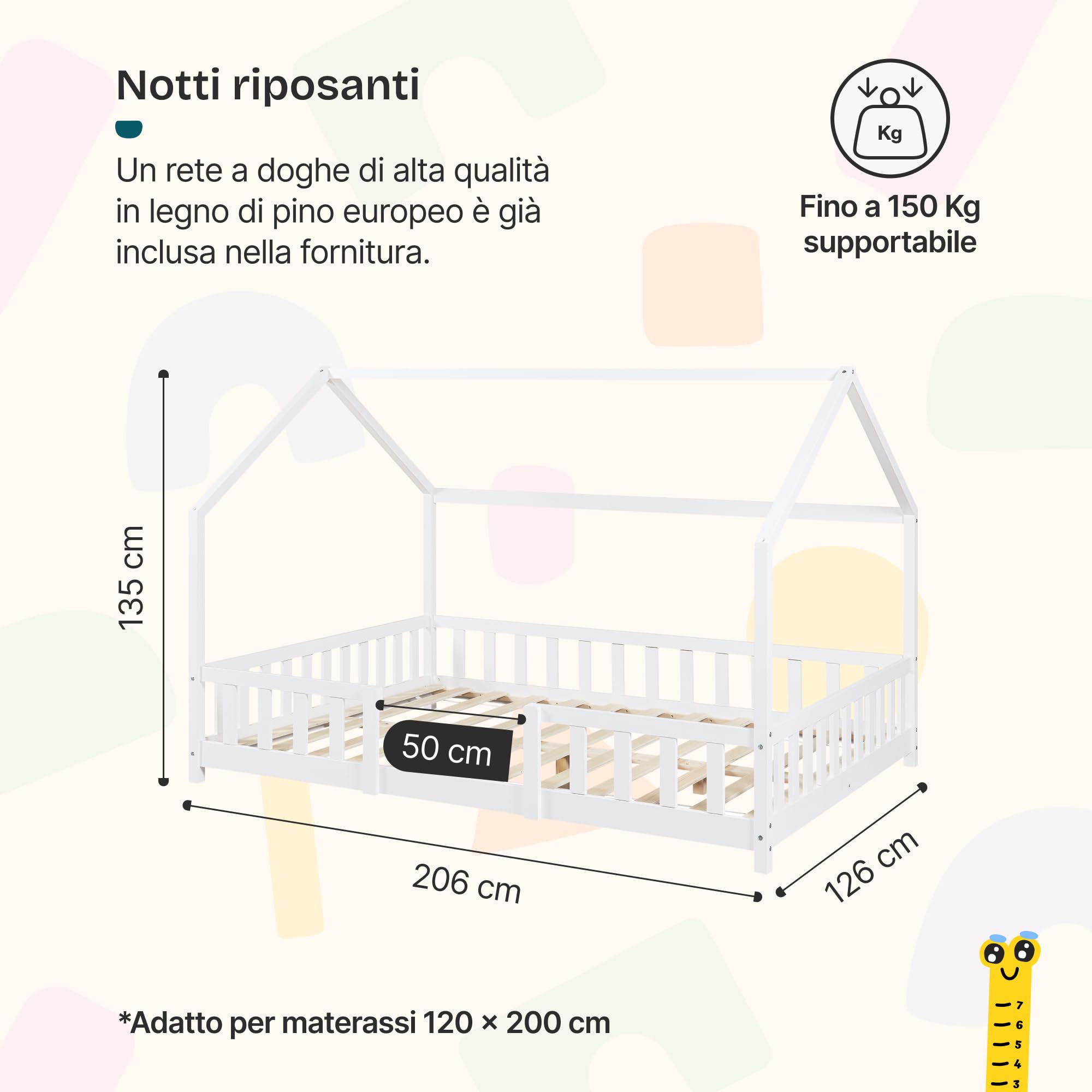 [en.casa] Letto Casetta per Cameretta Letto Piazza e Mezza per Bambini con Barriere di Protezione Struttura in Legno di Pino con Zona di Riposo 120x200 cm Bianco