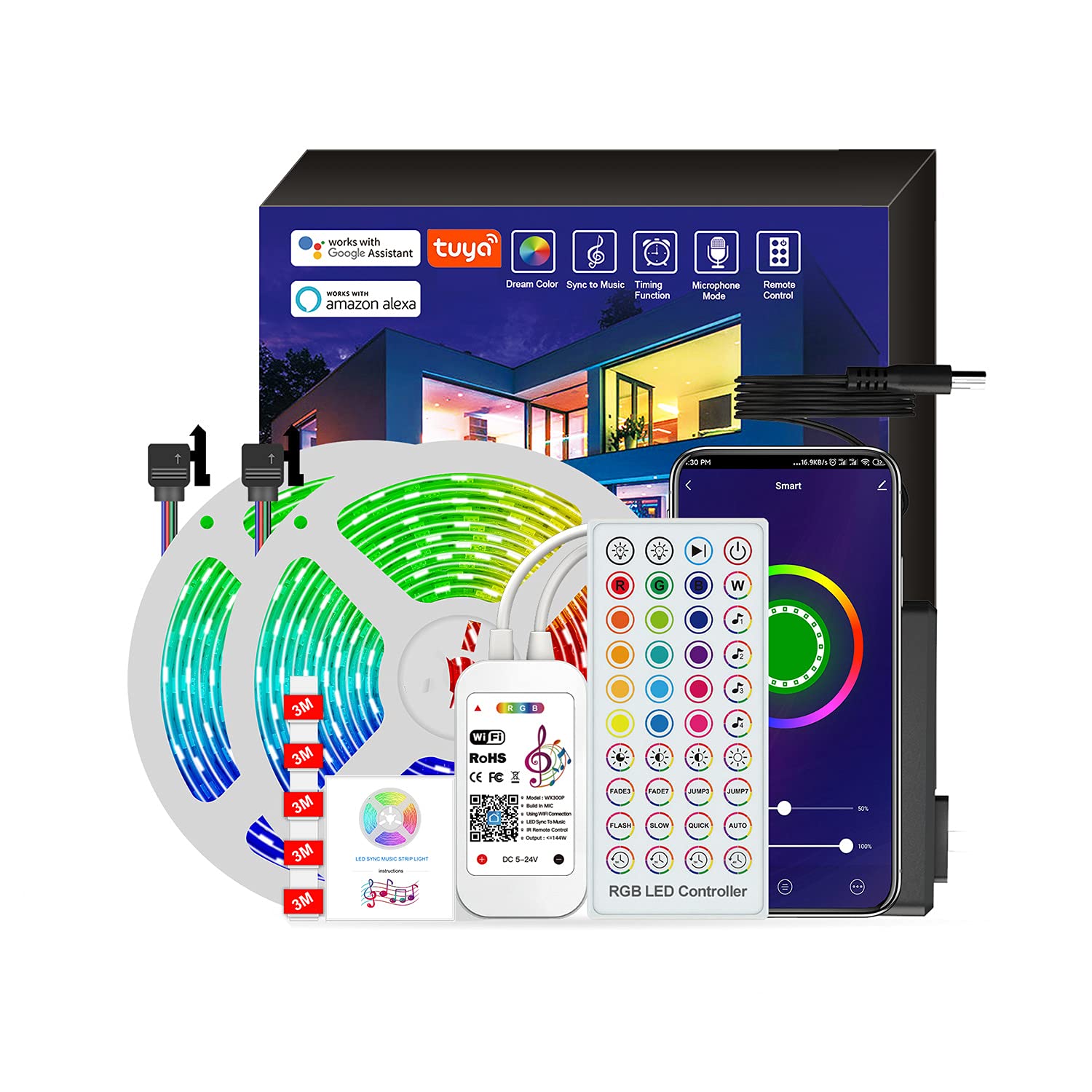 Ototon SMD5050 - Striscia LED 15 m WiFi Intelligent RGB con telecomando 44 tasti compatibile con Alexa Echo, Google Home, decorazione per interni casa (40 m)