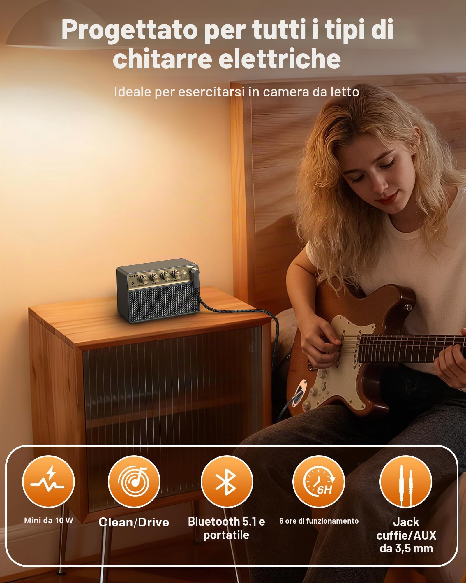 New Bee Amplificatore Chitarra Elettrica Portatile Ricaricabile 10W Mini Basso Elettrico Canale Clean & Drive 6,35mm
