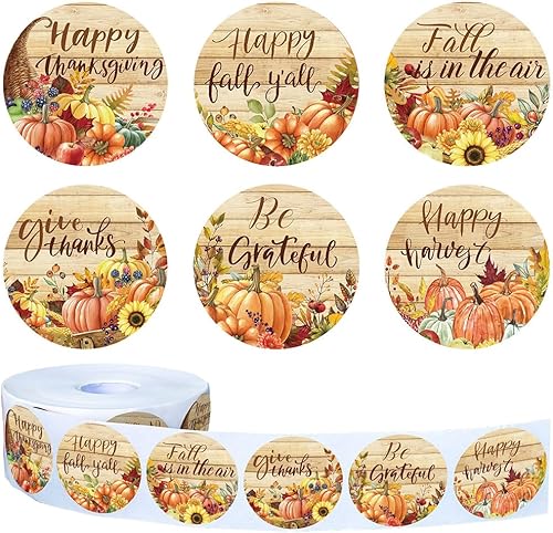 Miniatura 8 de Whaline 1000 piezas de calcomanías de otoño y Acción de Gracias con calabazas retro y flores con bendición, calcomanías de grano de madera vintage