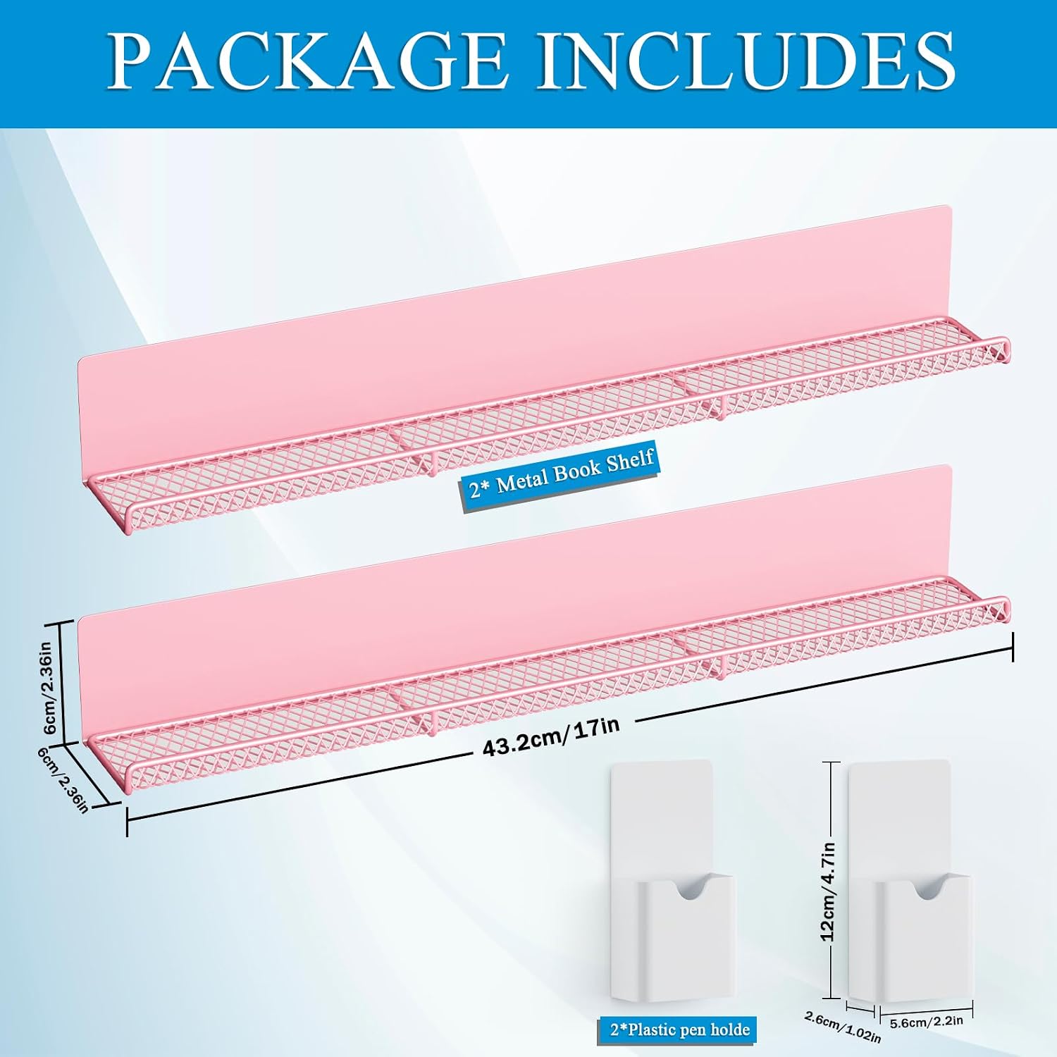 DTUQYX Metal Magnetic Book Shelf: 17” Magnetic Bookshelves for Whiteboard 2-Pack with 2 Pen Containers Strong Adsorption, Durable Floating Book Display Shelf, Movable Office File Holder (Pink)
