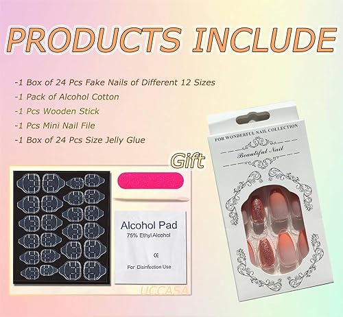 Miniatura 7 de Uñas postizas de punta francesa a presión, uñas postizas medianas con pegamento color naranja degradado, uñas acrílicas de cobertura completa con