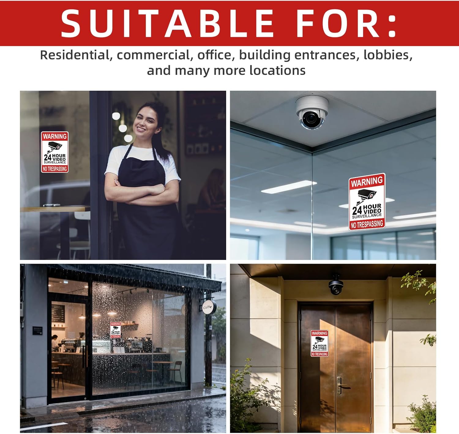 6pcs 24 Hour Video Surveillance Warning Signs, Weatherproof Self-Adhesive Under Security Camera Stickers No Trespassing Stickers for Home Business Private Property Outside Alarm Use