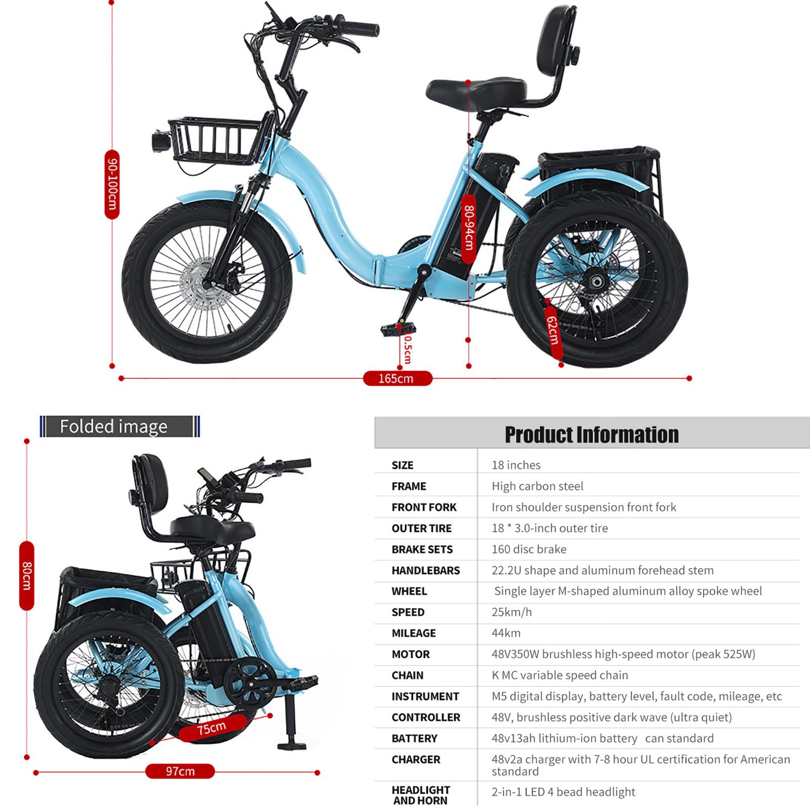 Triciclo eléctrico Plegable Azul para Adultos, Bicicleta de 18 Pulgadas con Asistencia al pedaleo, 3 Modos, 7 velocidades, autonomía de 44 km, Capacidad para Subir Pendientes de 15° y Frenos