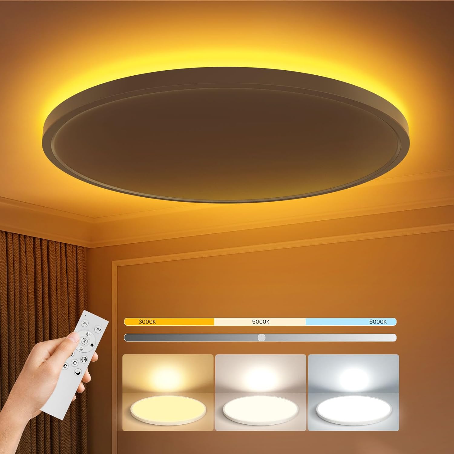 Flush Mount Ceiling Light Fixture with Remote Control,15.8in 36W 2700K-6000K,Brightness Adjustable,Soft Nightlight,Support App Control,Ultra-Thin for Bedroom Kitchen Hallway Living Room -CE