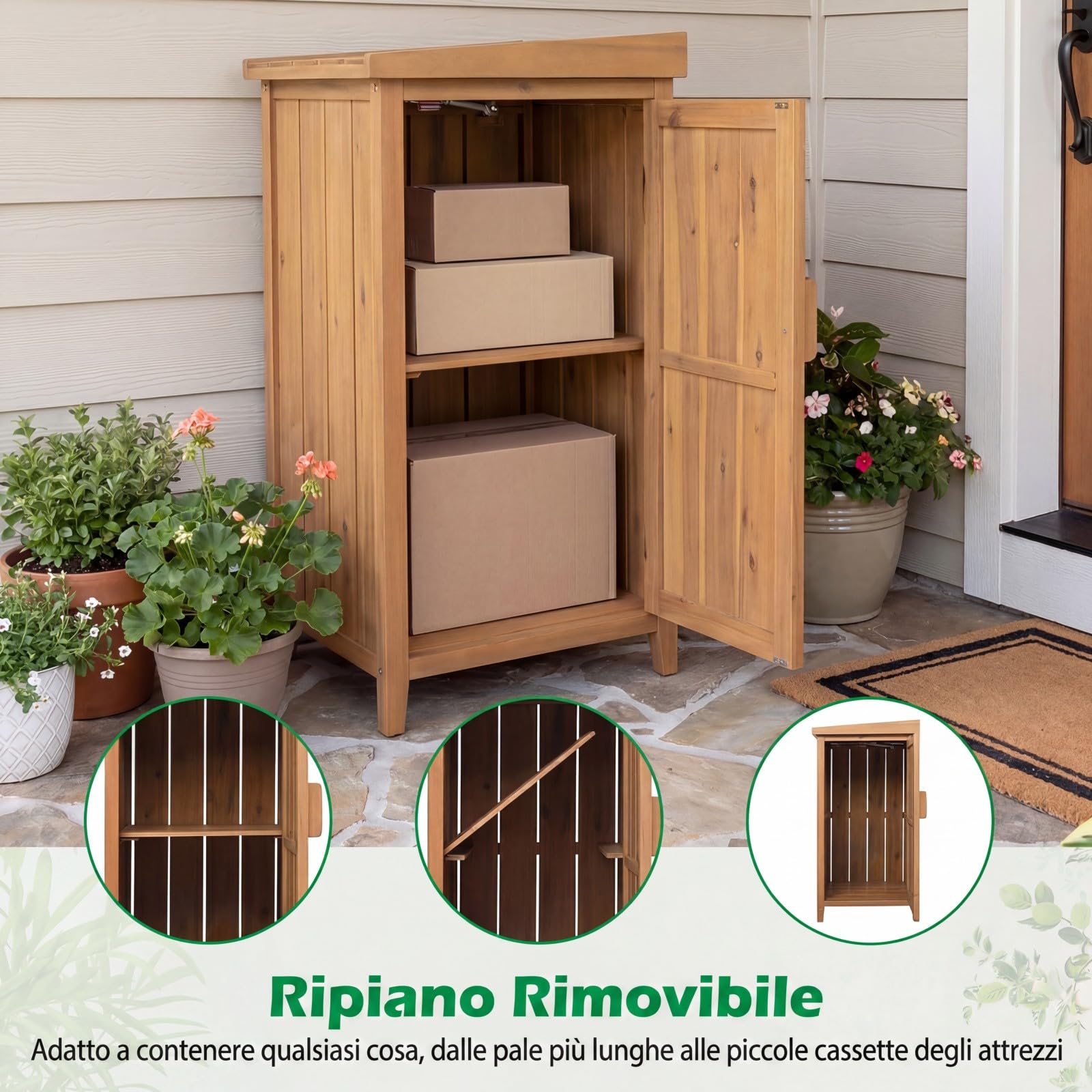 COSTWAY Armadio da Esterno in Legno Massello con Ripiano Rimovibile, Casetta Porta Attrezzi con Porta e Coperchio Apribile, Contenitore per Bidoni Spazzatura per Giardino, Cortile e Patio