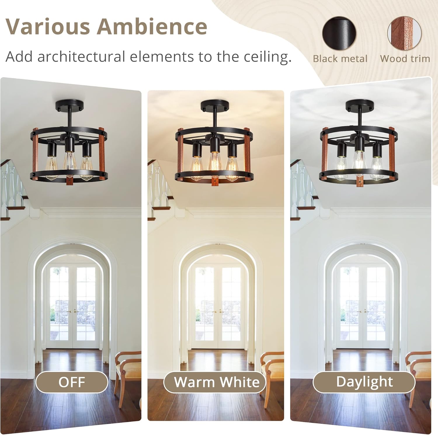 LEDIARY Semi Flush Mount Ceiling Light, 3-Light Farmhouse Wood Ceiling Light with Black Metal, Hallway Light Fixtures Ceiling for Entryway, Kitchen, Dining Room, Bedroom