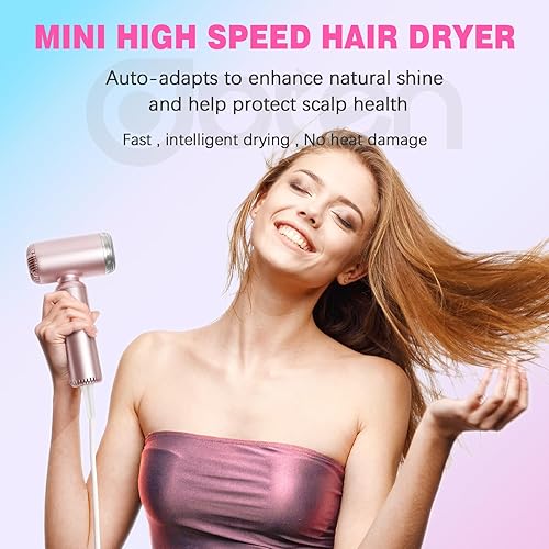 Miniatura 6 de Mini secador de pelo, secadora de alta velocidad con motor sin escobillas de 110,000 RPM, difusor magnético, tecnología iónica negativa para secado