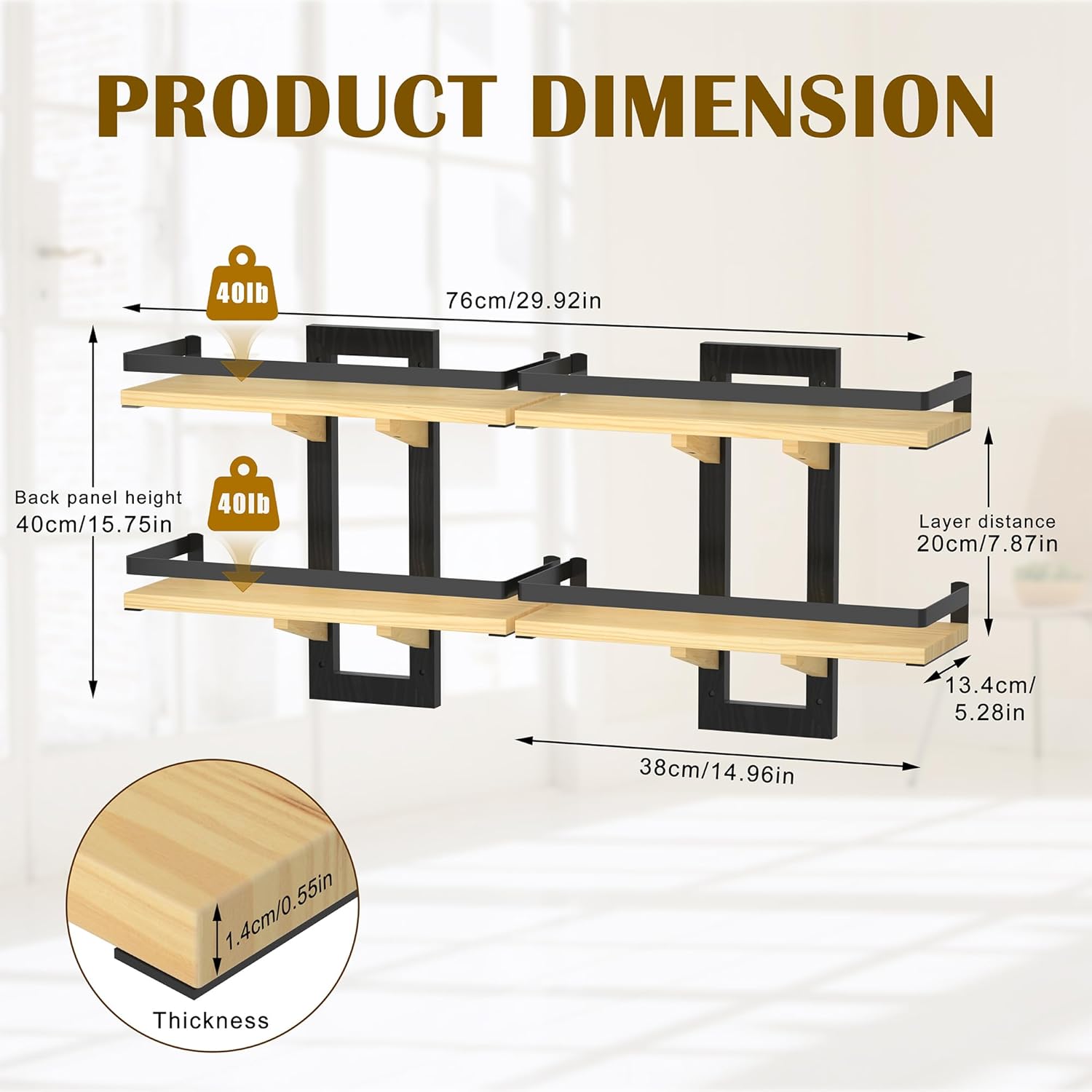 Floating Shelves for Wall, 2-Tier Wood Hanging Decor Storage Shelves, Wall Mounted Floating Shelf for Living Room, Bedroom, Bathroom, Kitchen, Office, Study (2-Pack Wood)