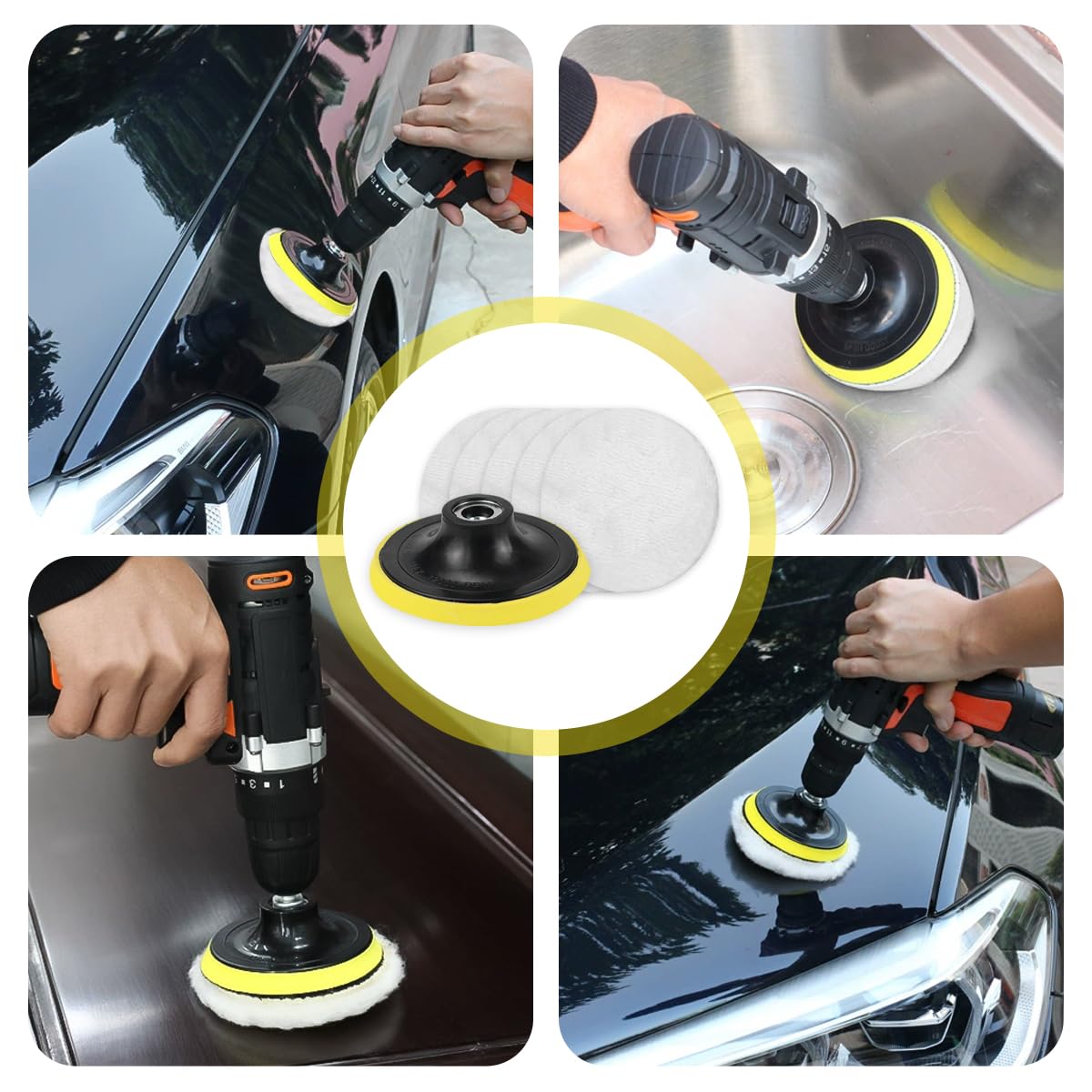 Kit De Polissage En Laine Pour Voiture - Tampon Et Disque 125mm Avec Adaptateur De Perceuse M10 M14