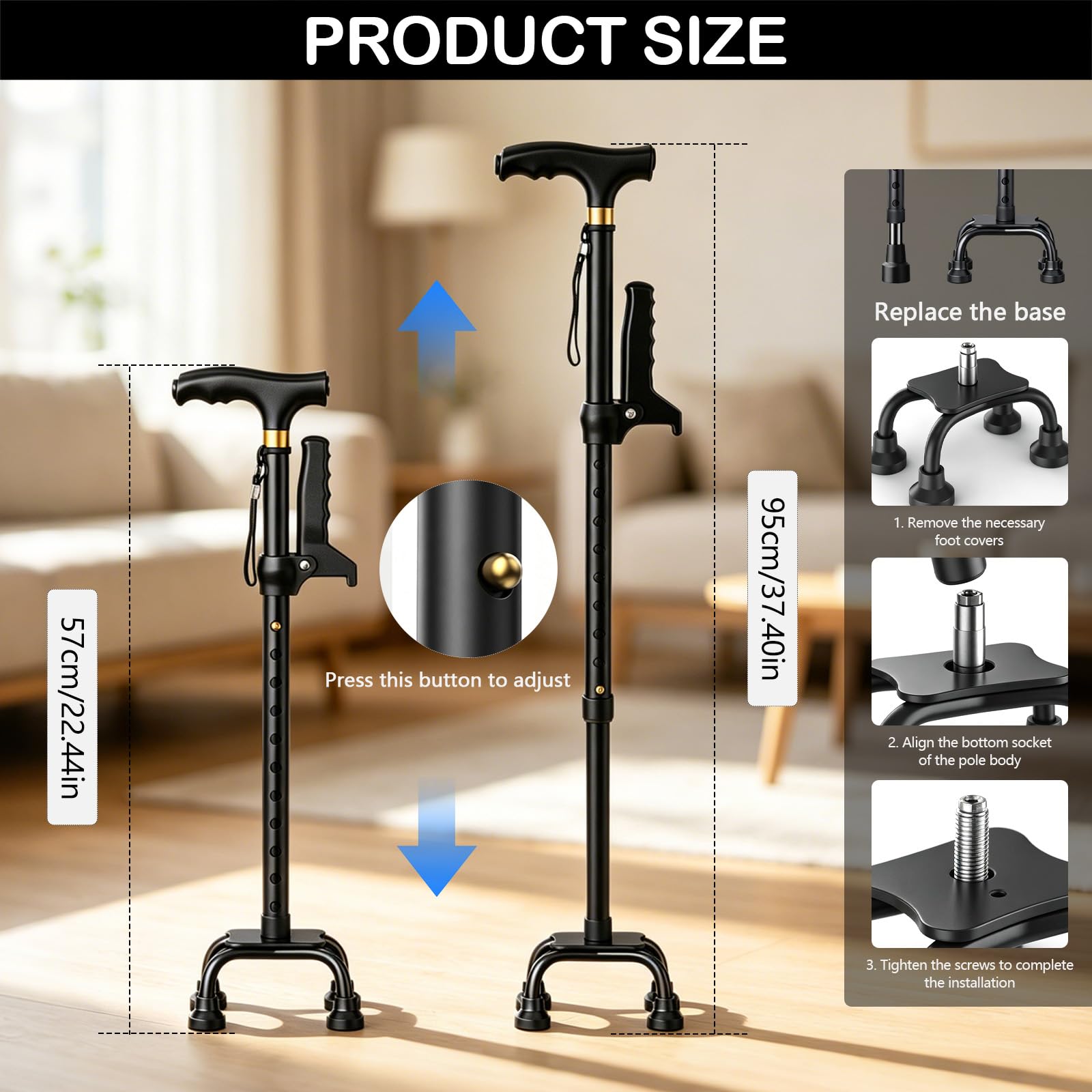 Bastones de Doble Empuñadura para Mayores, Bastón con Altura Ajustable y Luz LED para Hombres y Mujeres Cuenta con Una Base de Cuatro Puntas y una Base Giratoria para Facilitar la Bipedestación