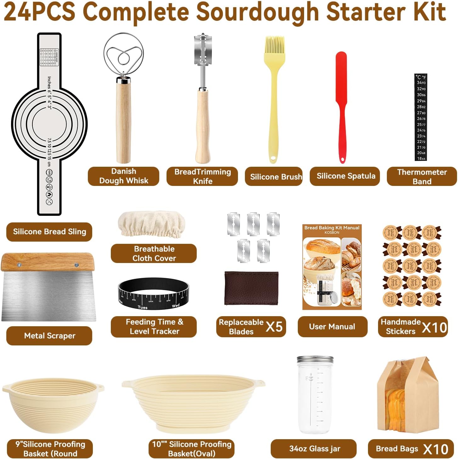 24 PCS Sourdough Starter Kit w/ 34oz Sourdough Starter Jar, Sourdough Bread Baking Supplies 9" Round & 10" Oval Silicone Banneton Bread Proofing Baskets & Baking Tools Set, Ideal Gift for Baking Gift - Image 4