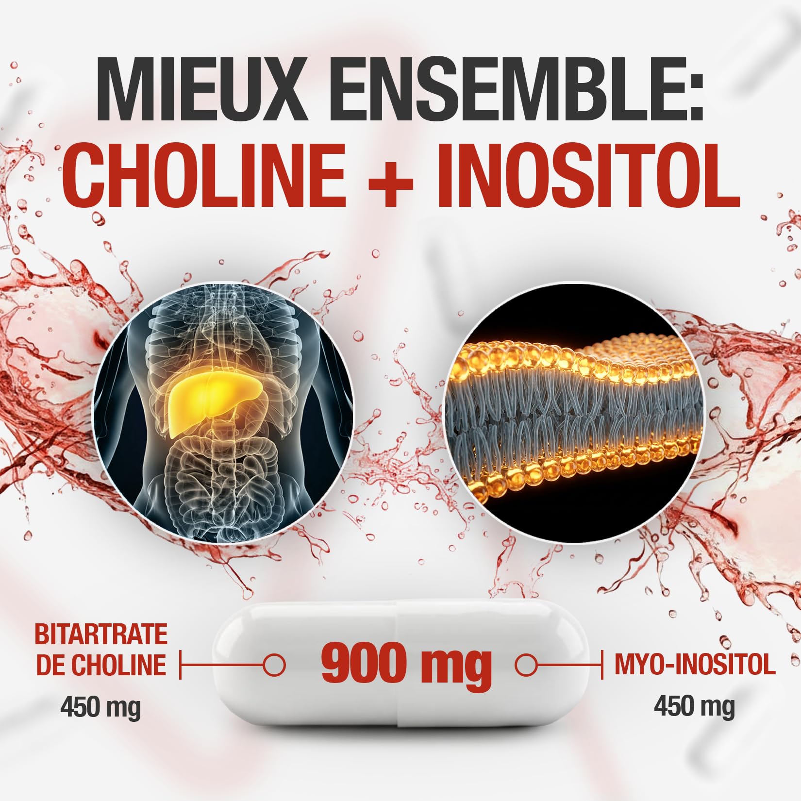 Choline et Inositol 900mg (450 mg + 450 mg) - 70 Capsules (2+ mois) à Désintégration Rapide, Chacune avec 450mg Bitartrate de Choline et 450mg d' Inositol en Poudre