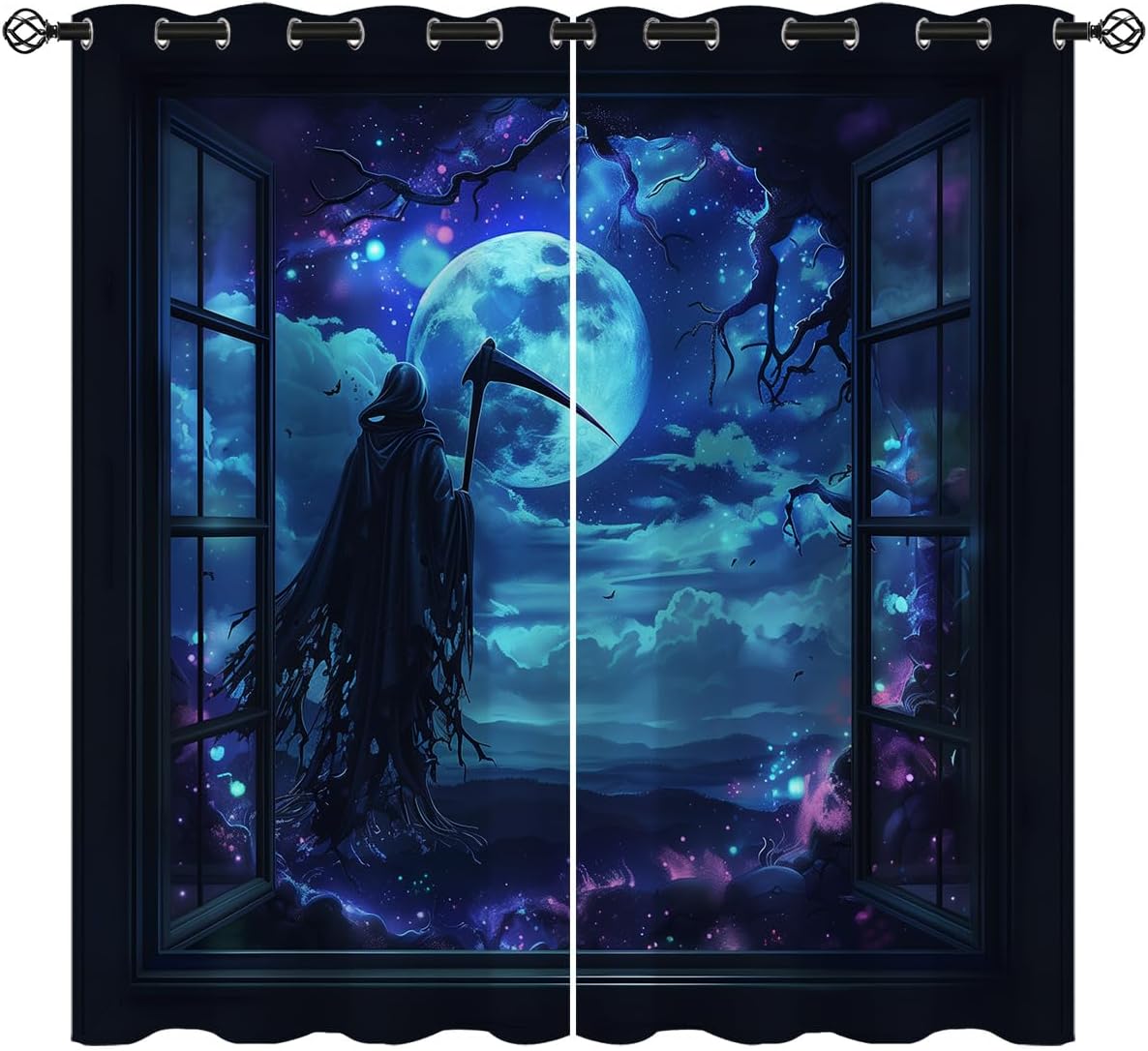 Gothic Moon Grim Reaper Blackout Curtains for Teen Boys, Dark Aesthetic Horror Skeleton Window Drapes, Thermal Insulated Grommet Curtains for Bedroom Living Room, 42 x 63 Inch