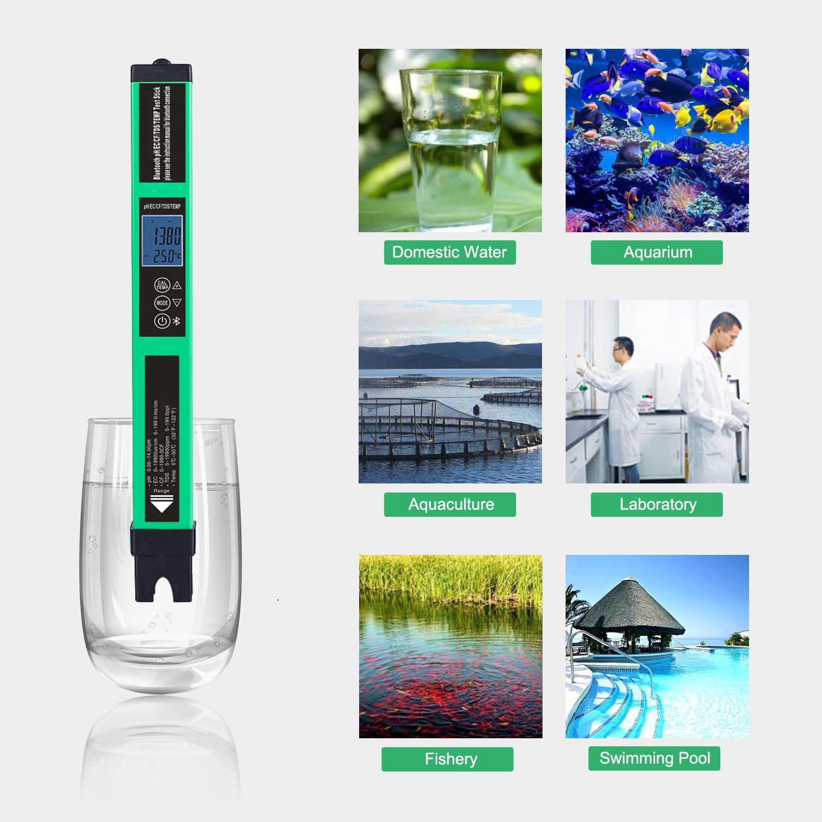 Jemora Misuratore di pH digitale 5 in 1 Tester di qualità dell'acqua Smart BT Tester di pH/EC/TDS/CF/Temp per acquario idroponico con acqua potabile