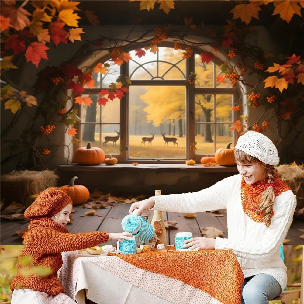 Fall Photography Backdrop 10x8ft Dreamlike Autumn Window Scene Fall Photo Backdrops for Photoshoot Fallen Leaves Golden Trees Thanksgiving Wall Decorations for Home Festival Harvest Background