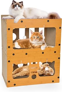 Cardboard Cat House, Double Layer Cat Scratcher House for Indoor Cats, Scratch & Sleep 2 in 1 Design, Durable & Easy to Assemble Scratching Bed with Scratching Board and Hanging Ball Toy