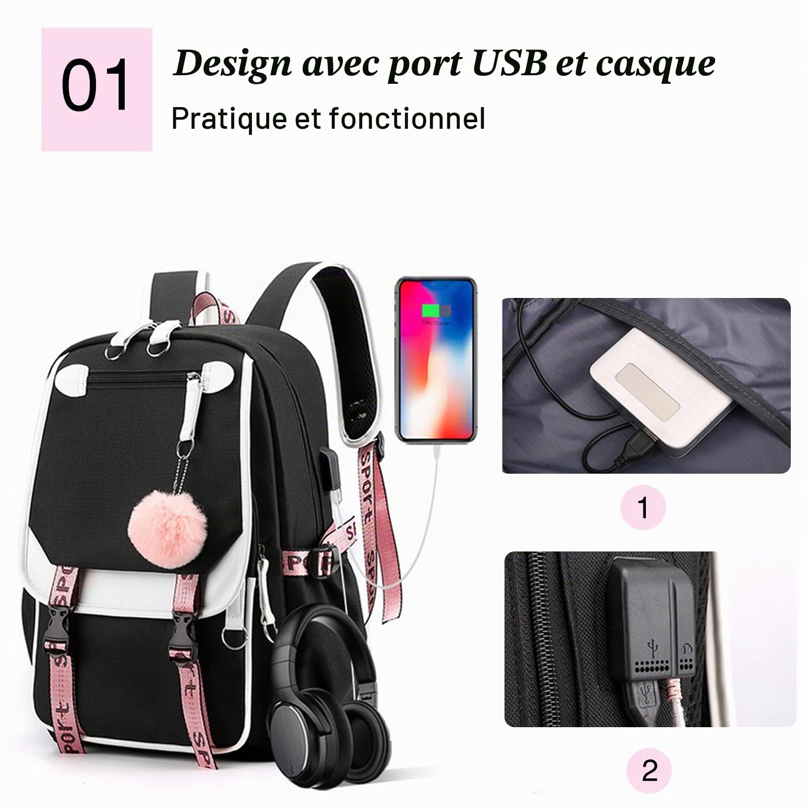 FANDARE Sac à Dos de Filles Sacs d'école Loisir Cartable Sacs Scolaires avec Port de Charge USB pour Femme Outdoor Voyage Achats Pique-Nique Campus Randonnée avec Pendentif Hair Ball Noir