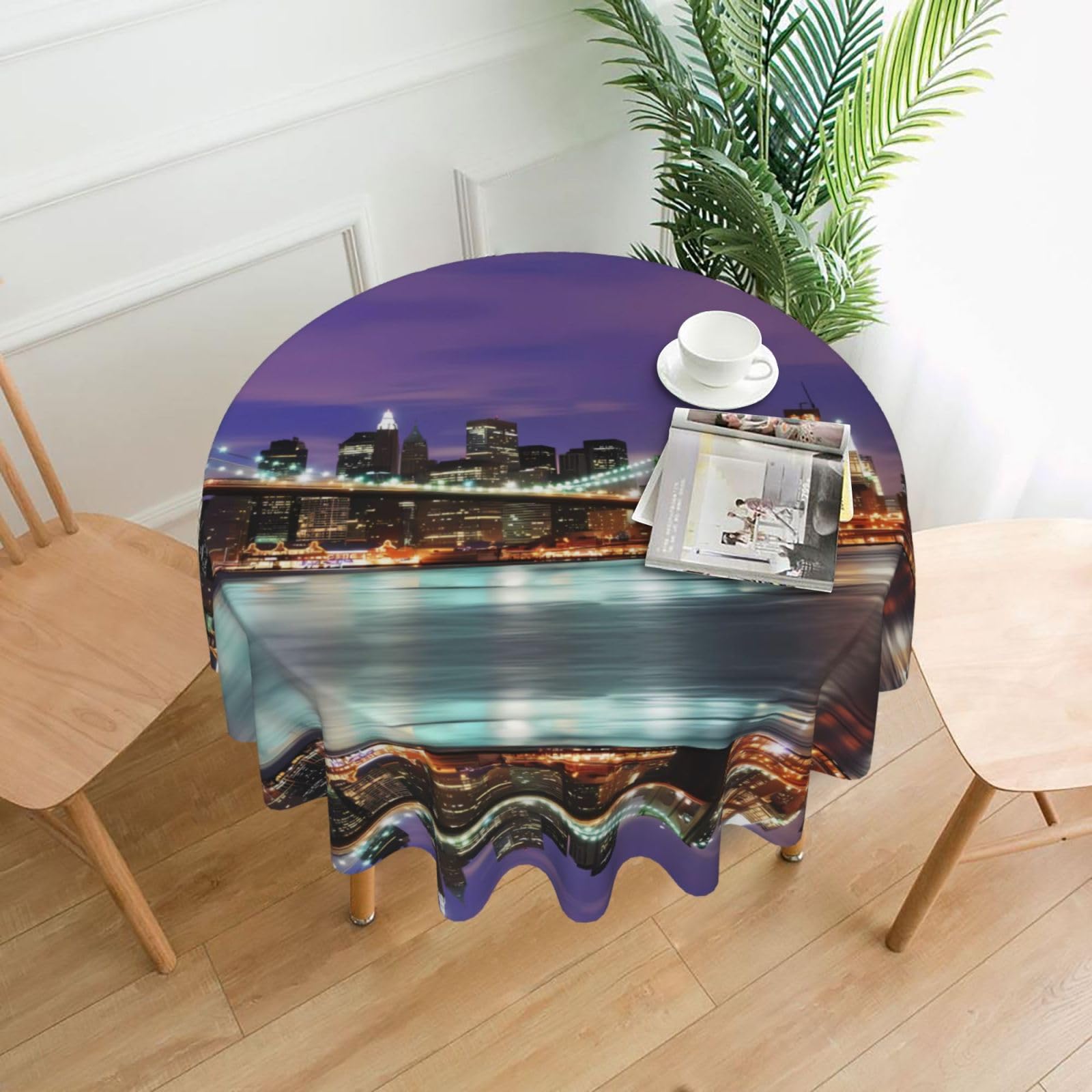 YYHHAOFA New York Night Prints 60in Round Decorative Tablecloth – High-Grade Polyester Throw Cover for Dining, Parties, and Outdoor Events