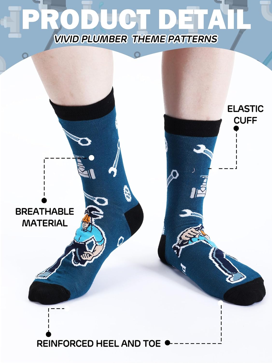 6 Pairs Plumber Socks for Men Novelty Plumbing Worker Crew Socks with Pliers and Screwdriver Patterns Funny Work Accessories, Holiday Gifts for Plumbers - Image 2